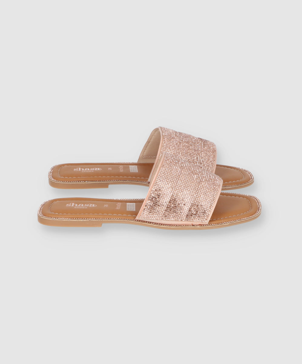 Flat Sandal Capitonada Brillos Nude