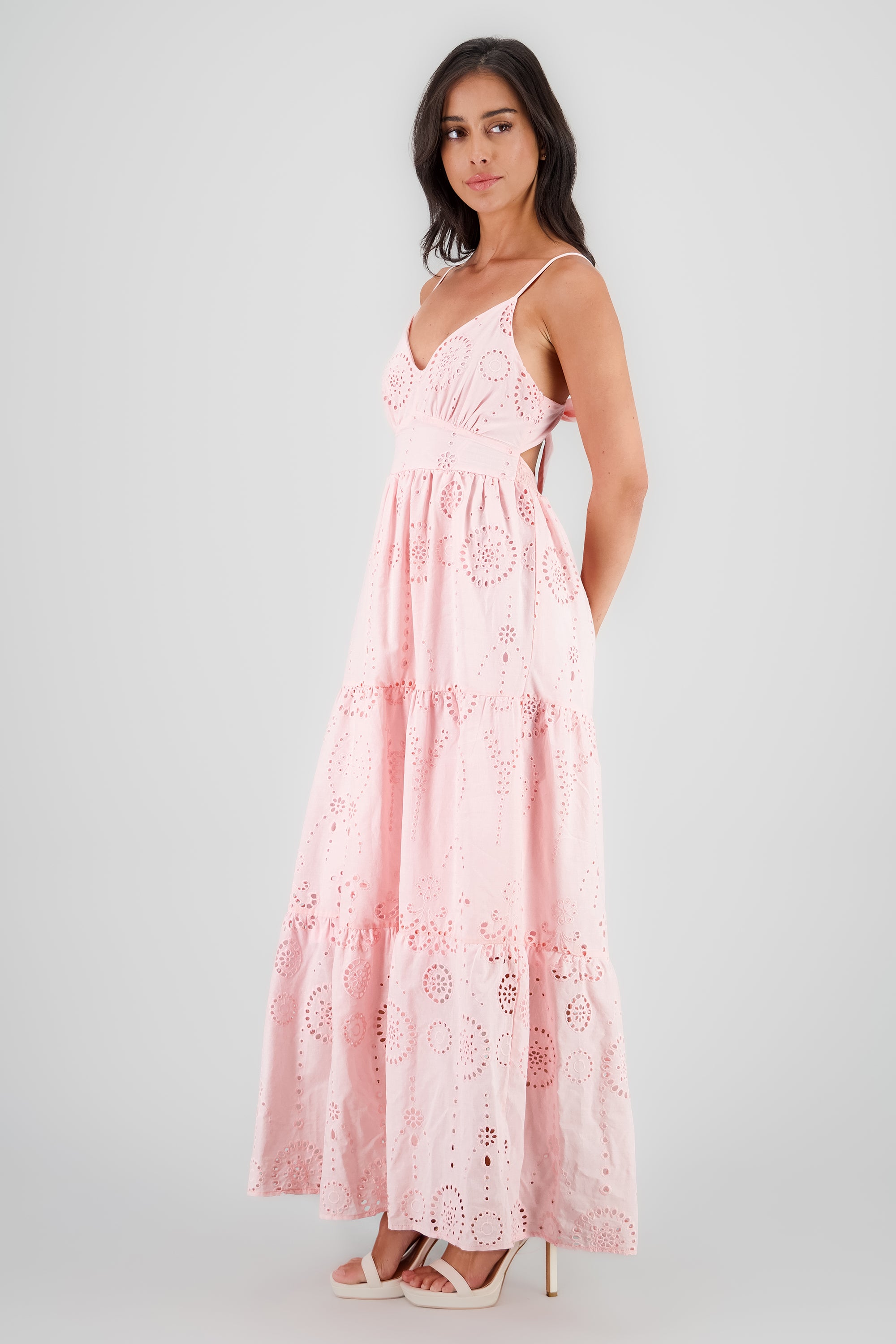 Vestido Maxi Textura Bordado ROSA PASTEL