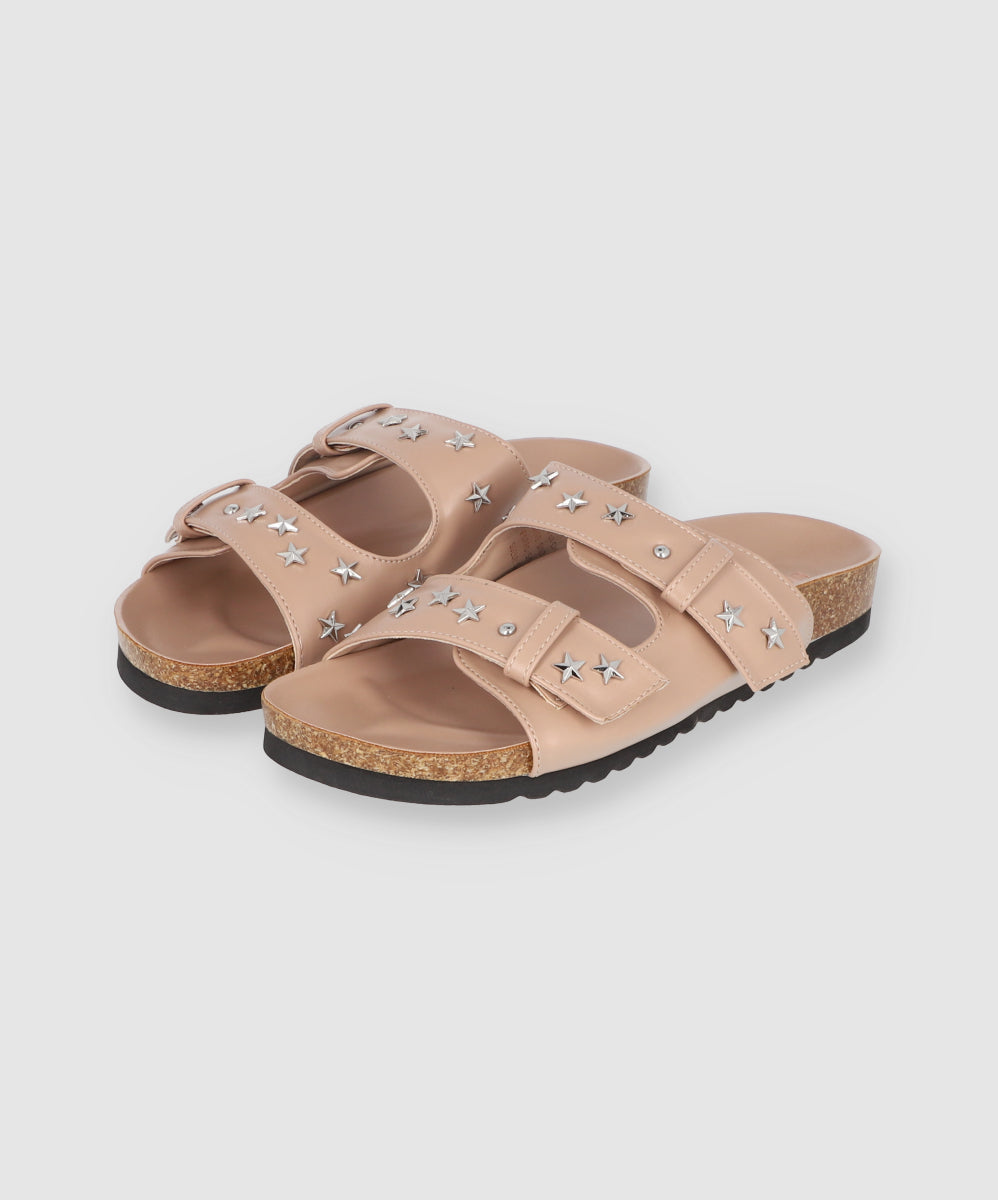 Sandal Platform Two Buckles Patent Leather Stars Taupe