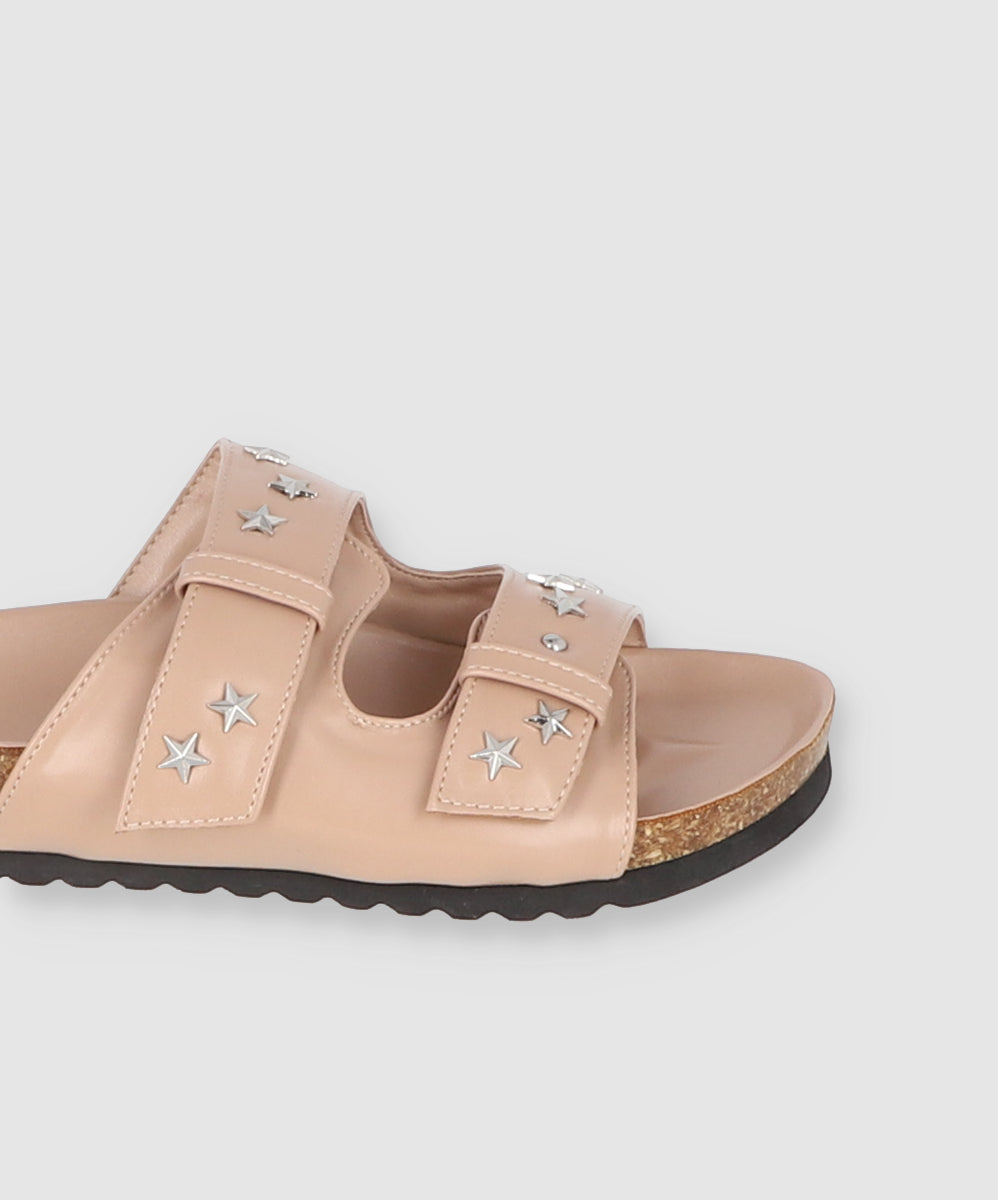 Sandal Platform Two Buckles Patent Leather Stars Taupe