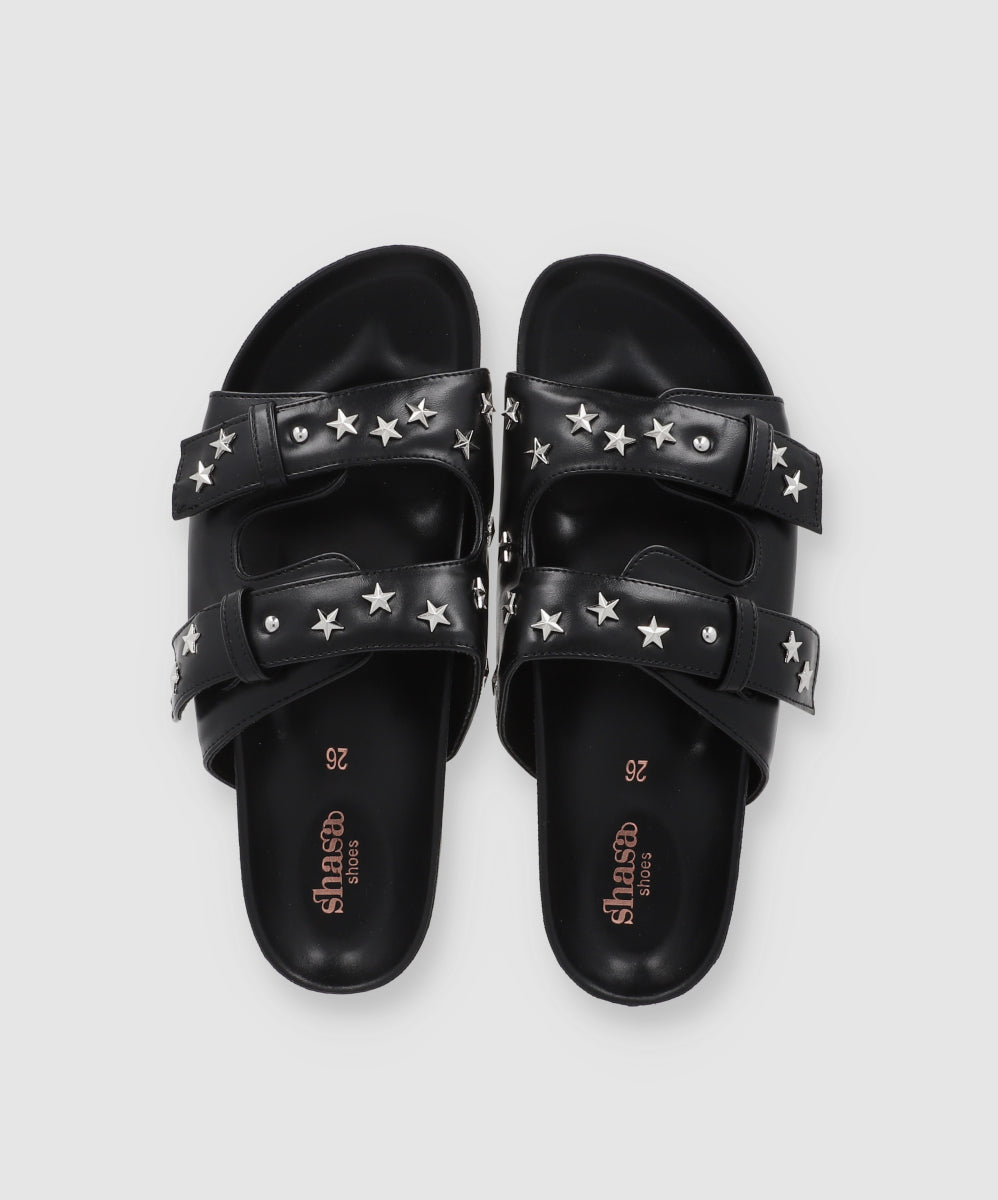 Sandal Platform Two Buckles Patent Leather Stars BLACK