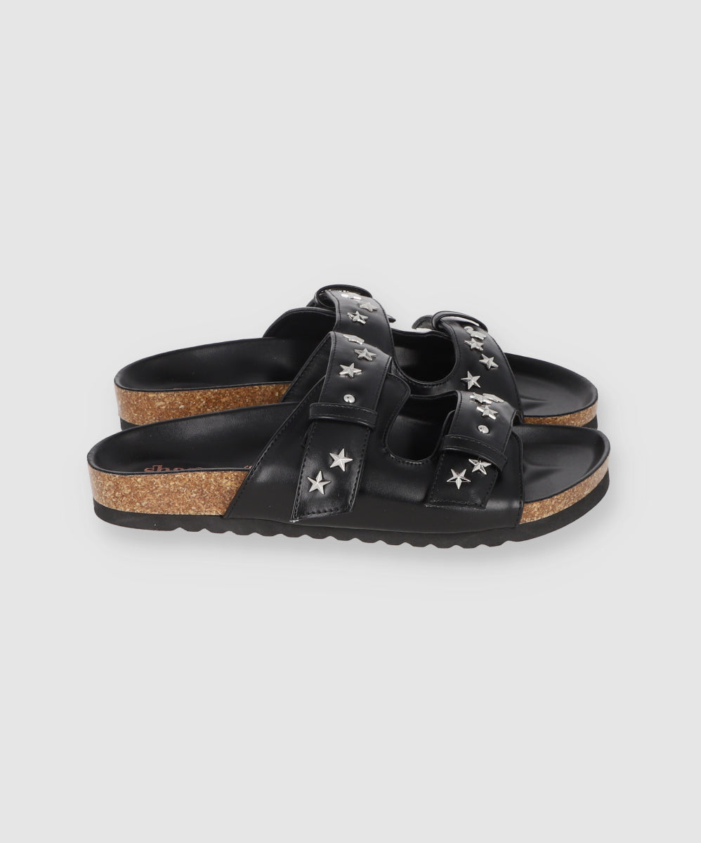 Sandal Platform Two Buckles Patent Leather Stars BLACK