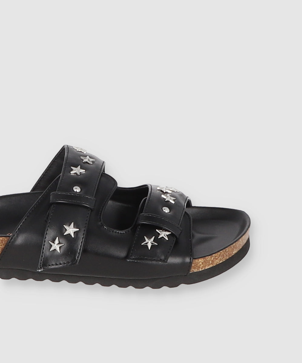 Sandal Platform Two Buckles Patent Leather Stars BLACK