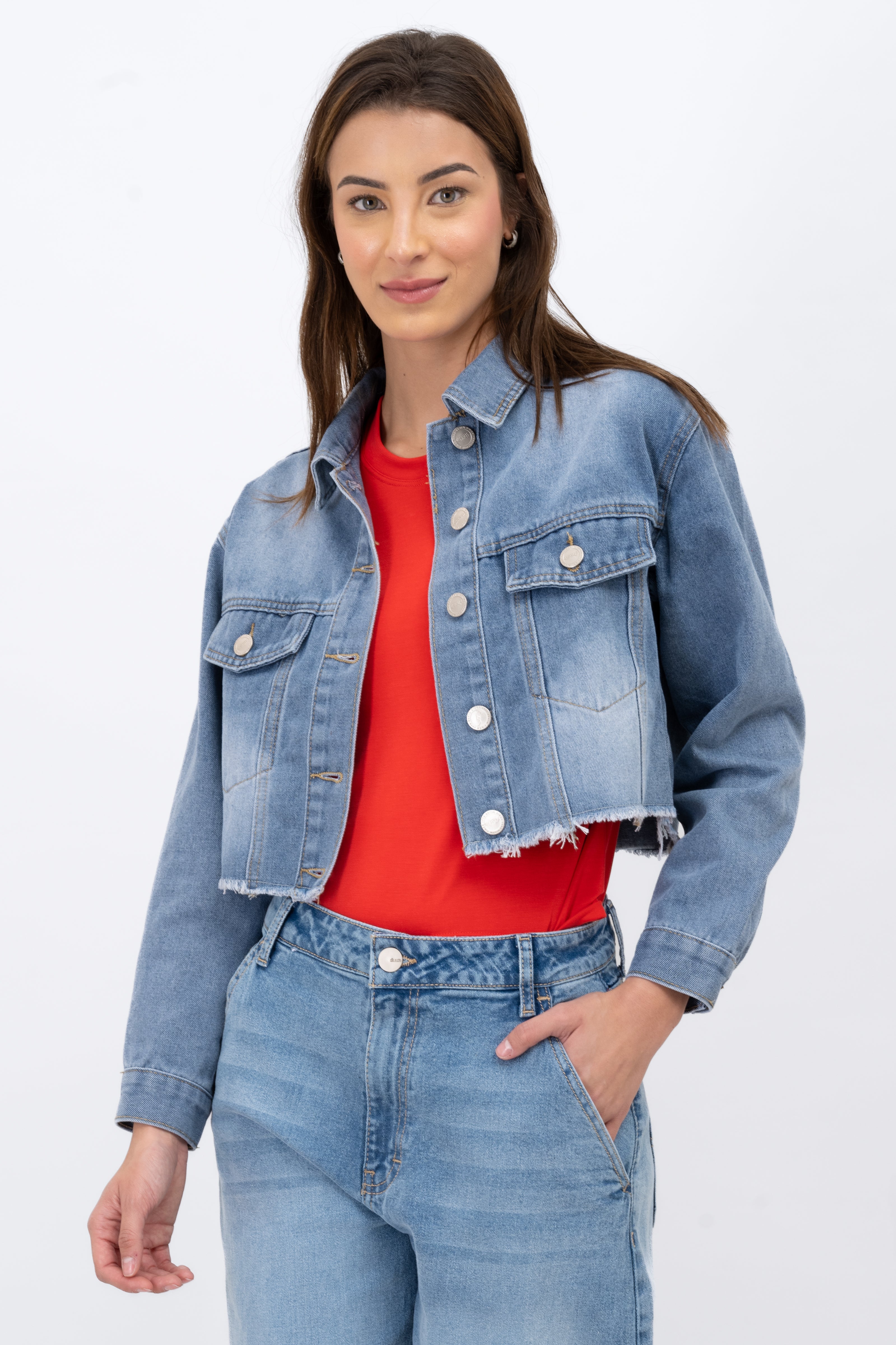 Chamarra denim crop Medium Wash