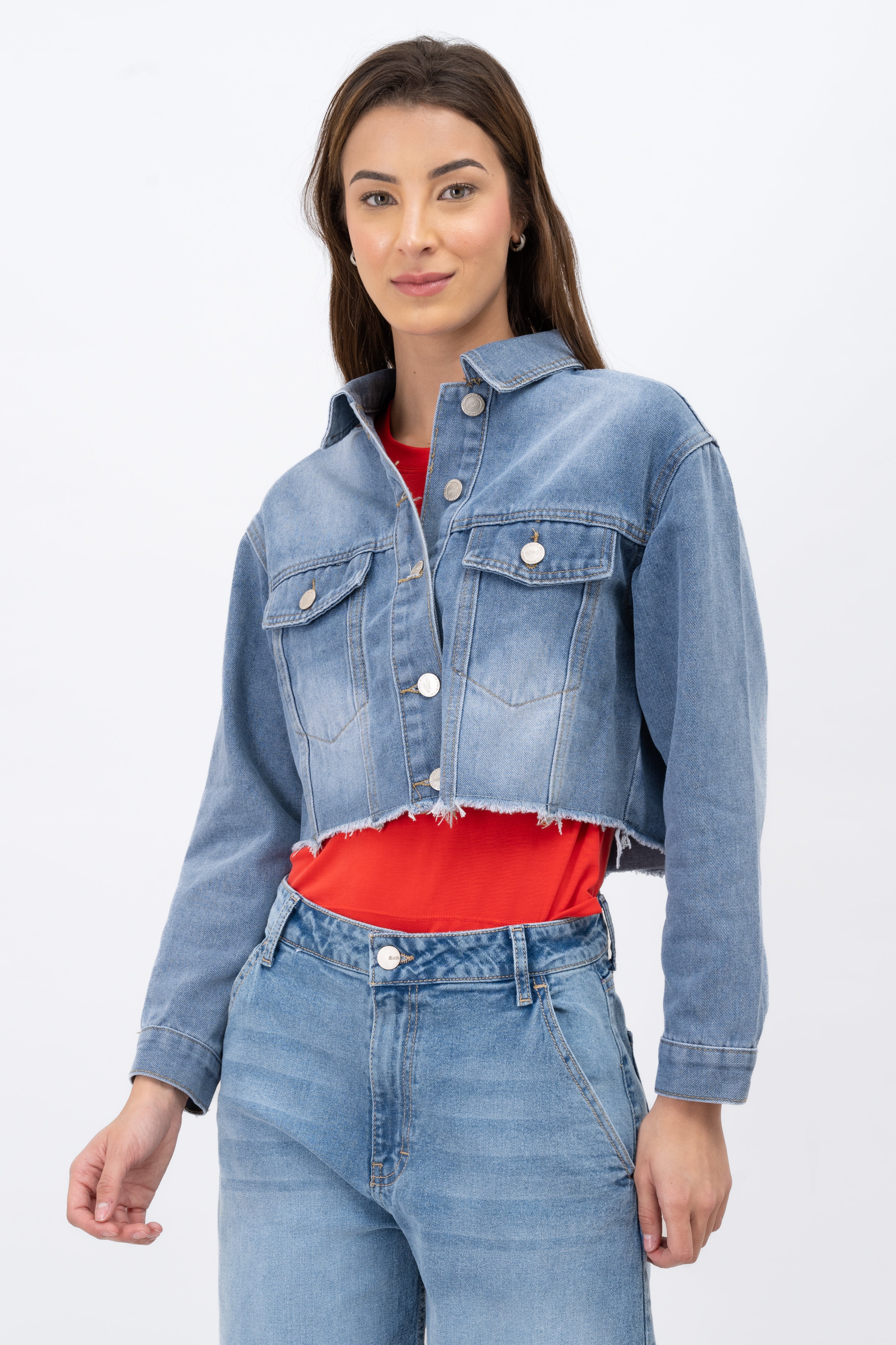 Chamarra denim crop Medium Wash