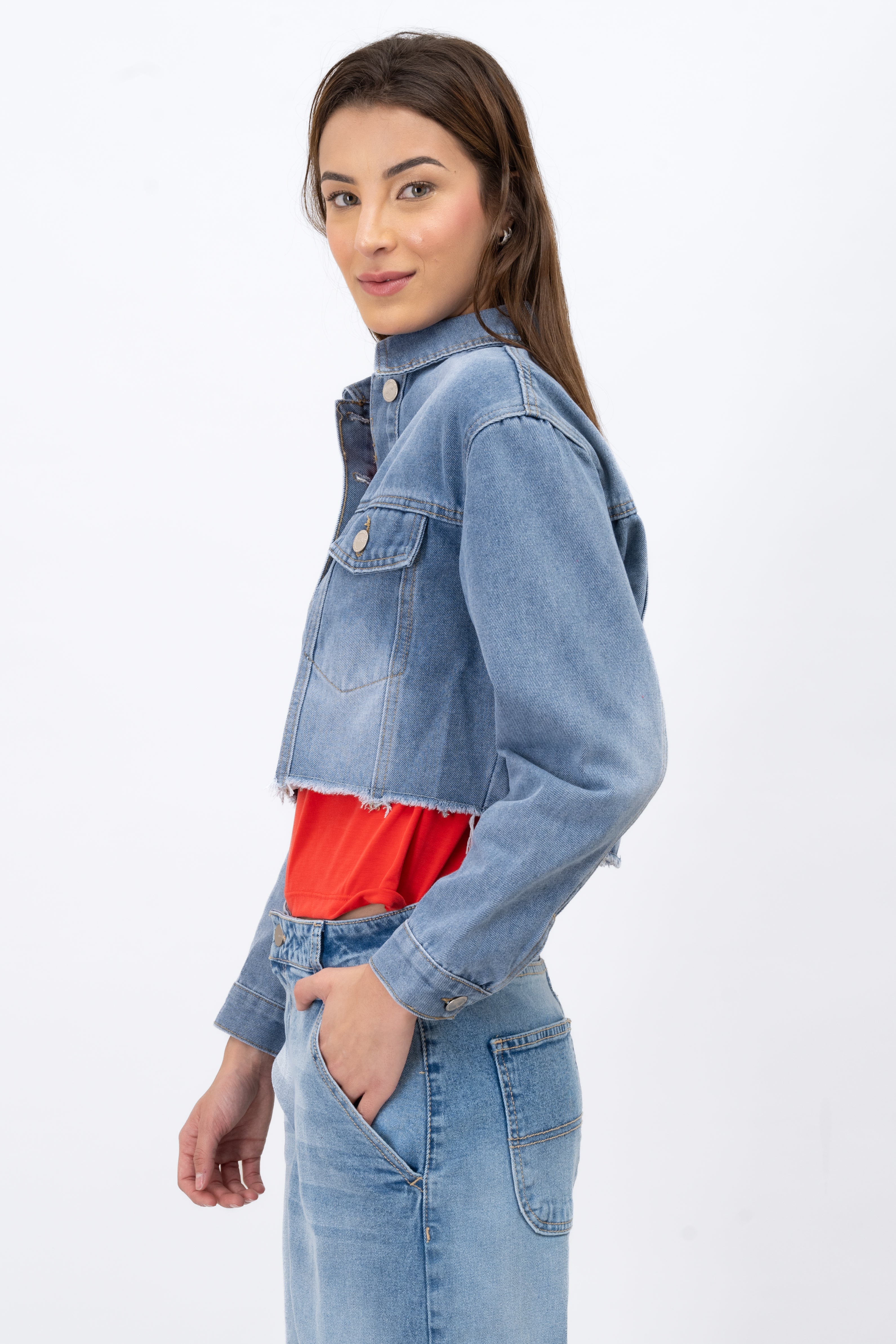 Chamarra denim crop Medium Wash