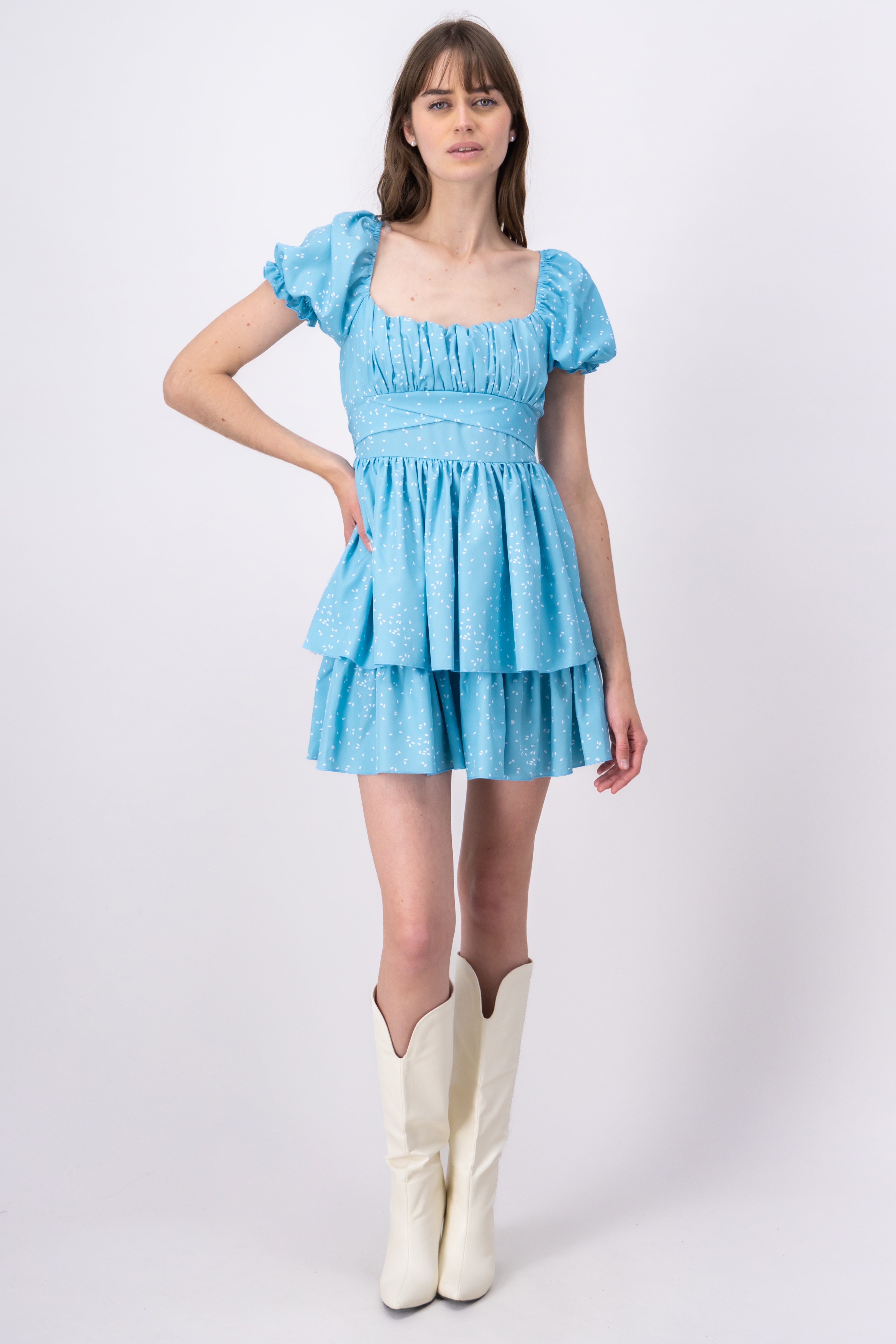 Vestido Mini Manga Abullonada AZUL CIELO