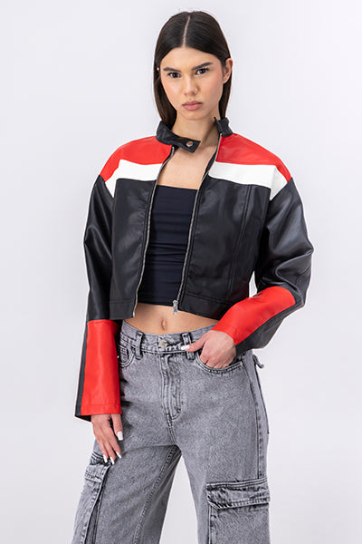 Racer leather effect jacket Combo red