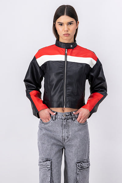 Racer leather effect jacket Combo red