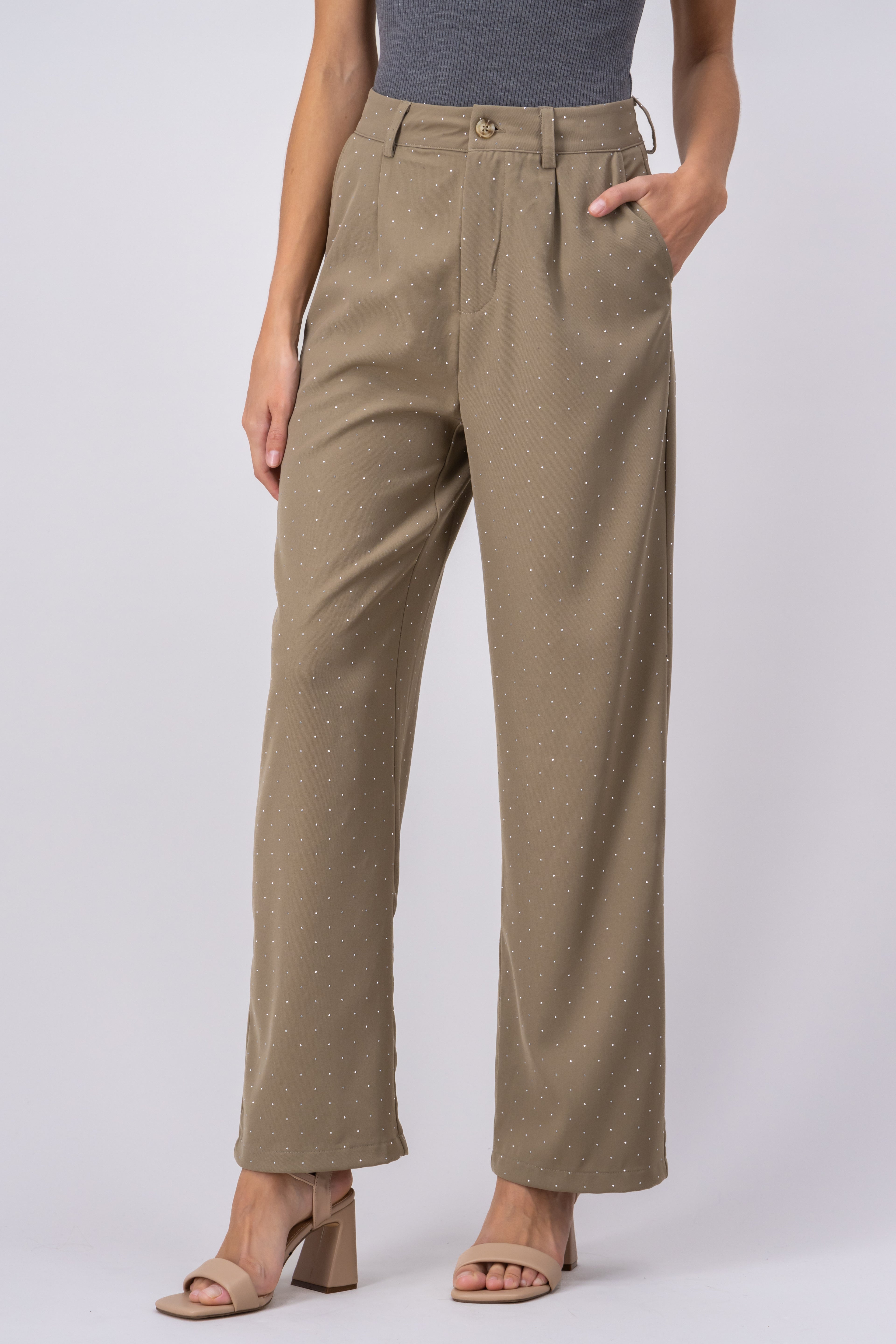 Pantalón sastre aplicación brillos BEIGE