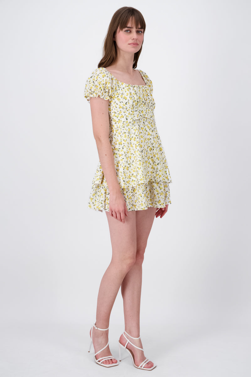 Vestido mini escote cuadrado flores AMARILLO COMBO