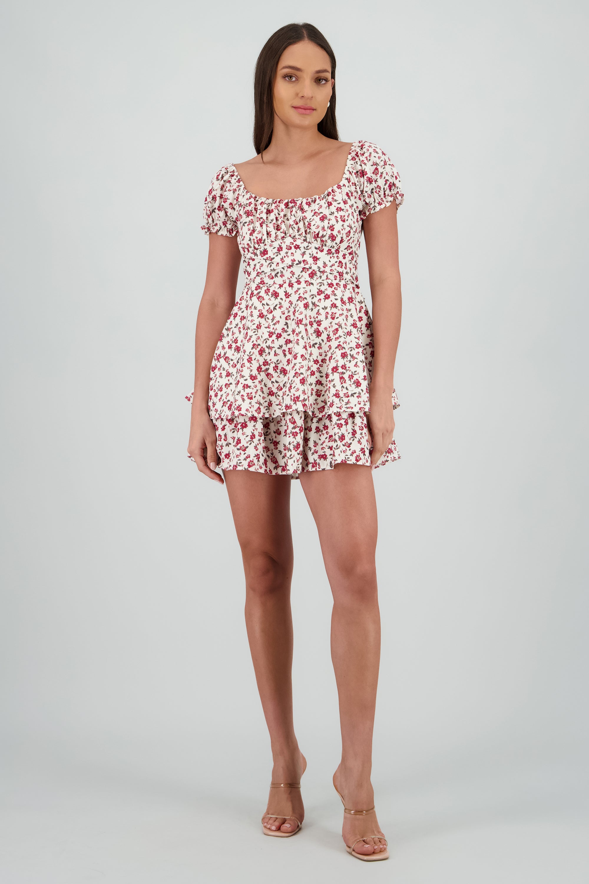 Vestido mini escote cuadrado flores CIRUELA