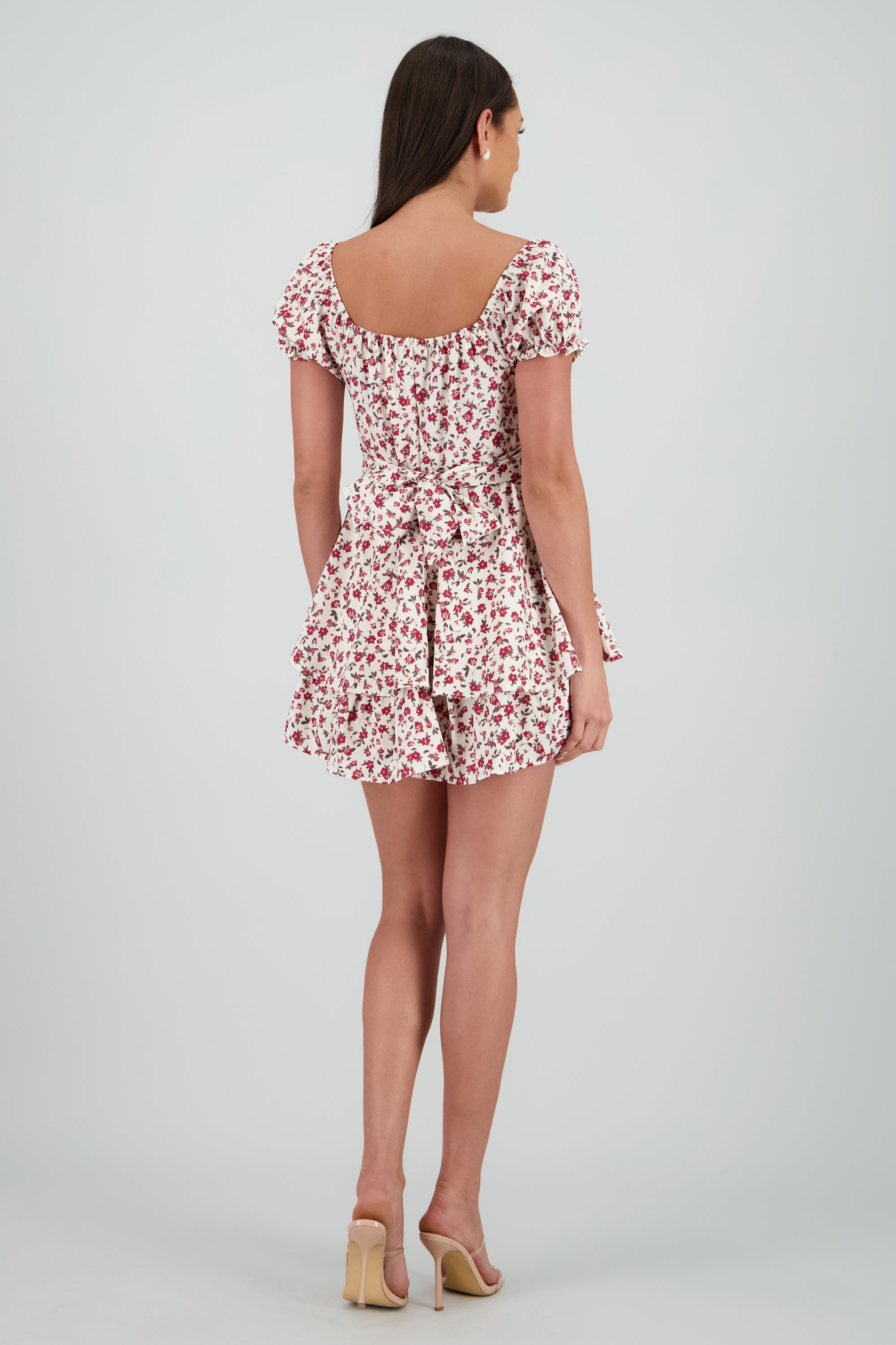 Vestido mini escote cuadrado flores CIRUELA