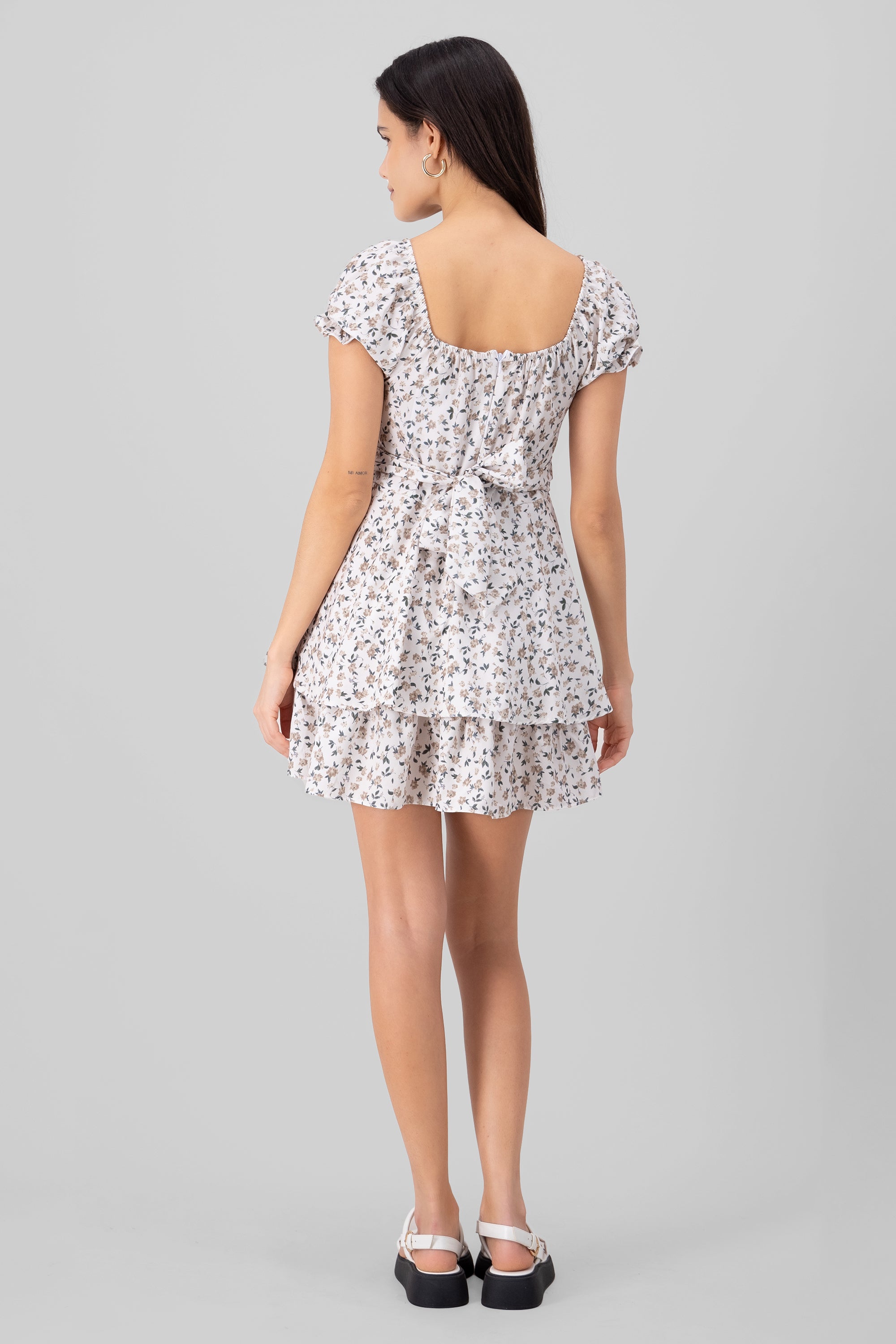 MINI SQUARE MINI DRESS FLORES Khaki Combo