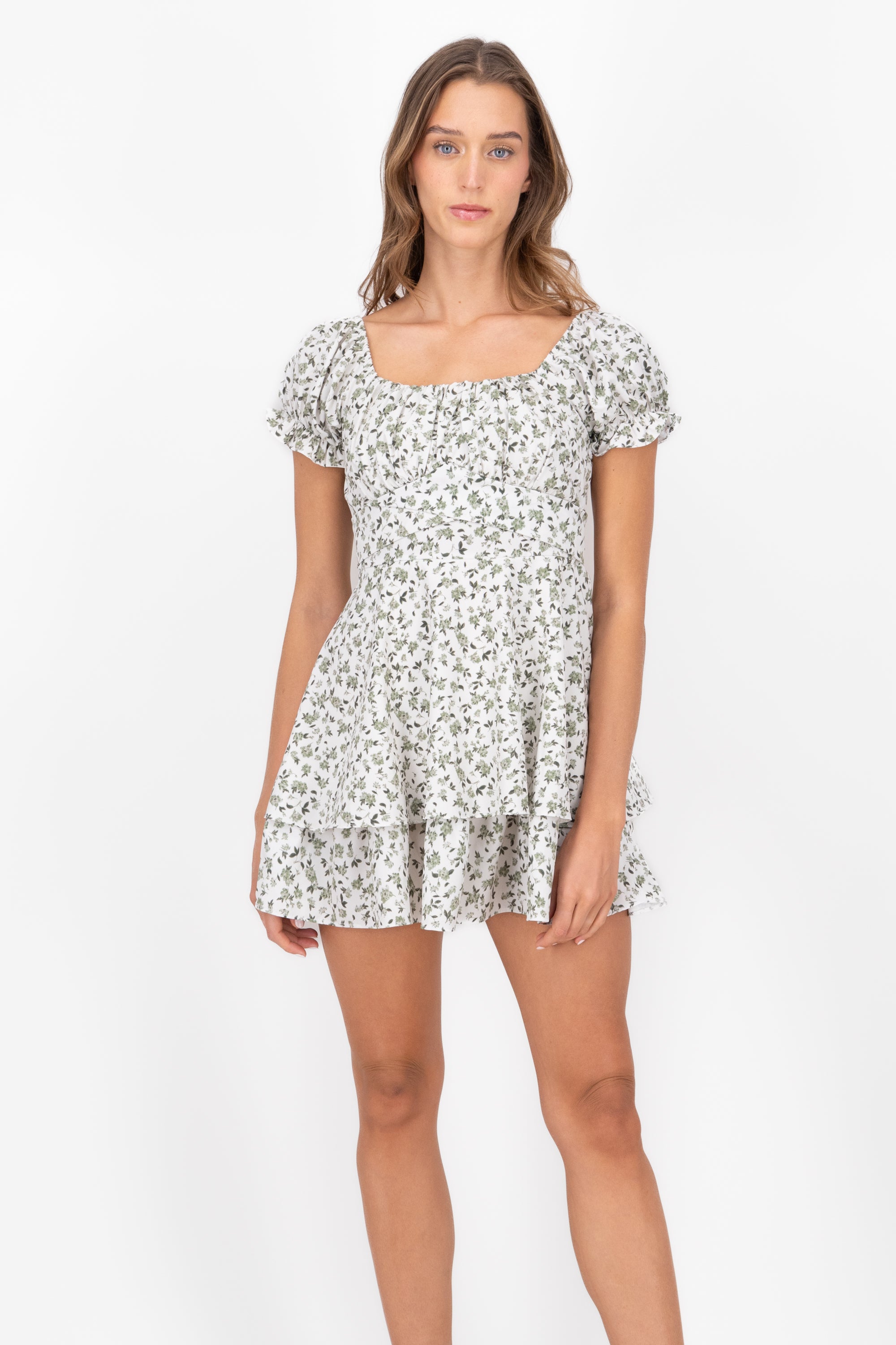 MINI SQUARE MINI DRESS FLORES Sage