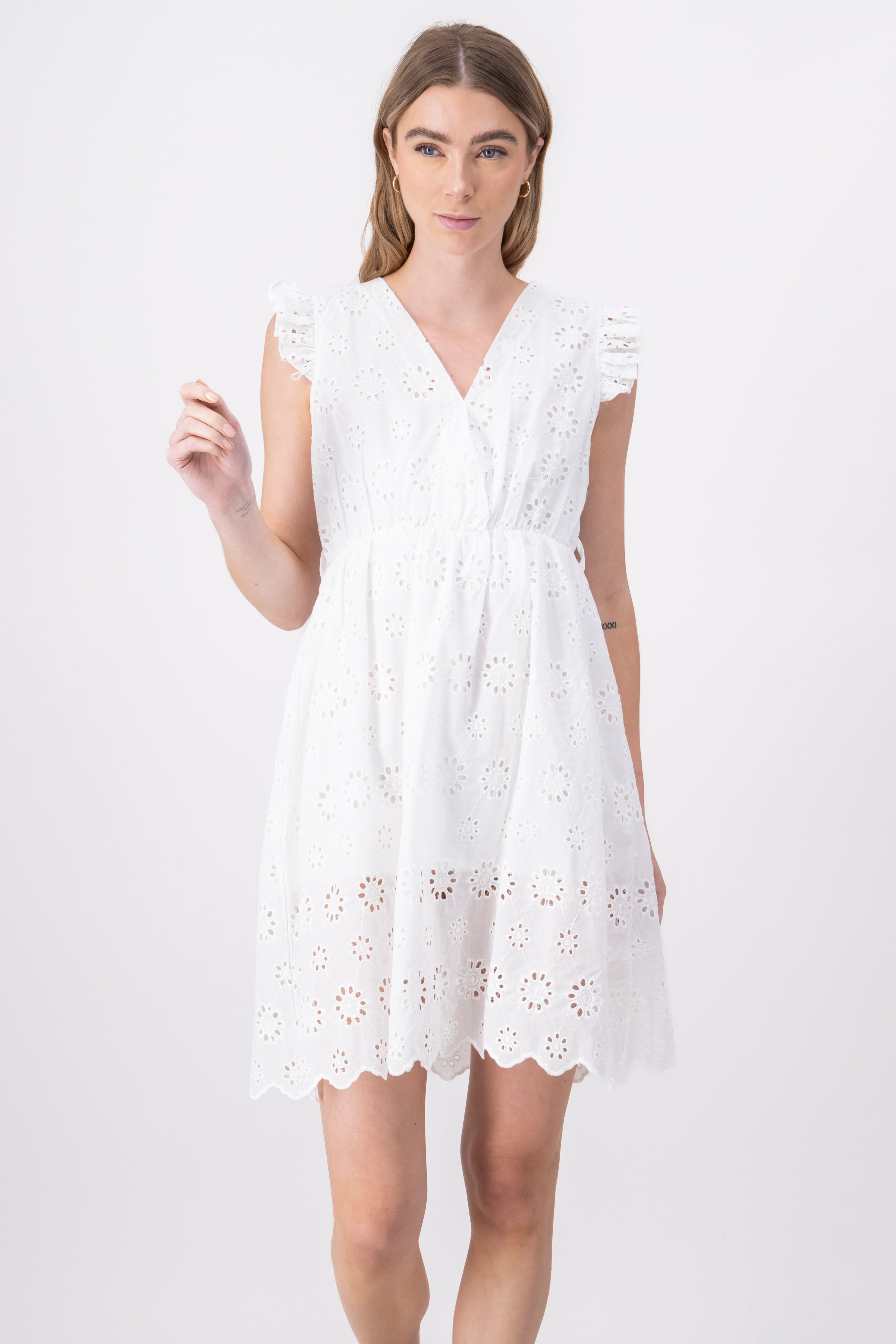 Vestido mini eyelet manga corta BLANCO