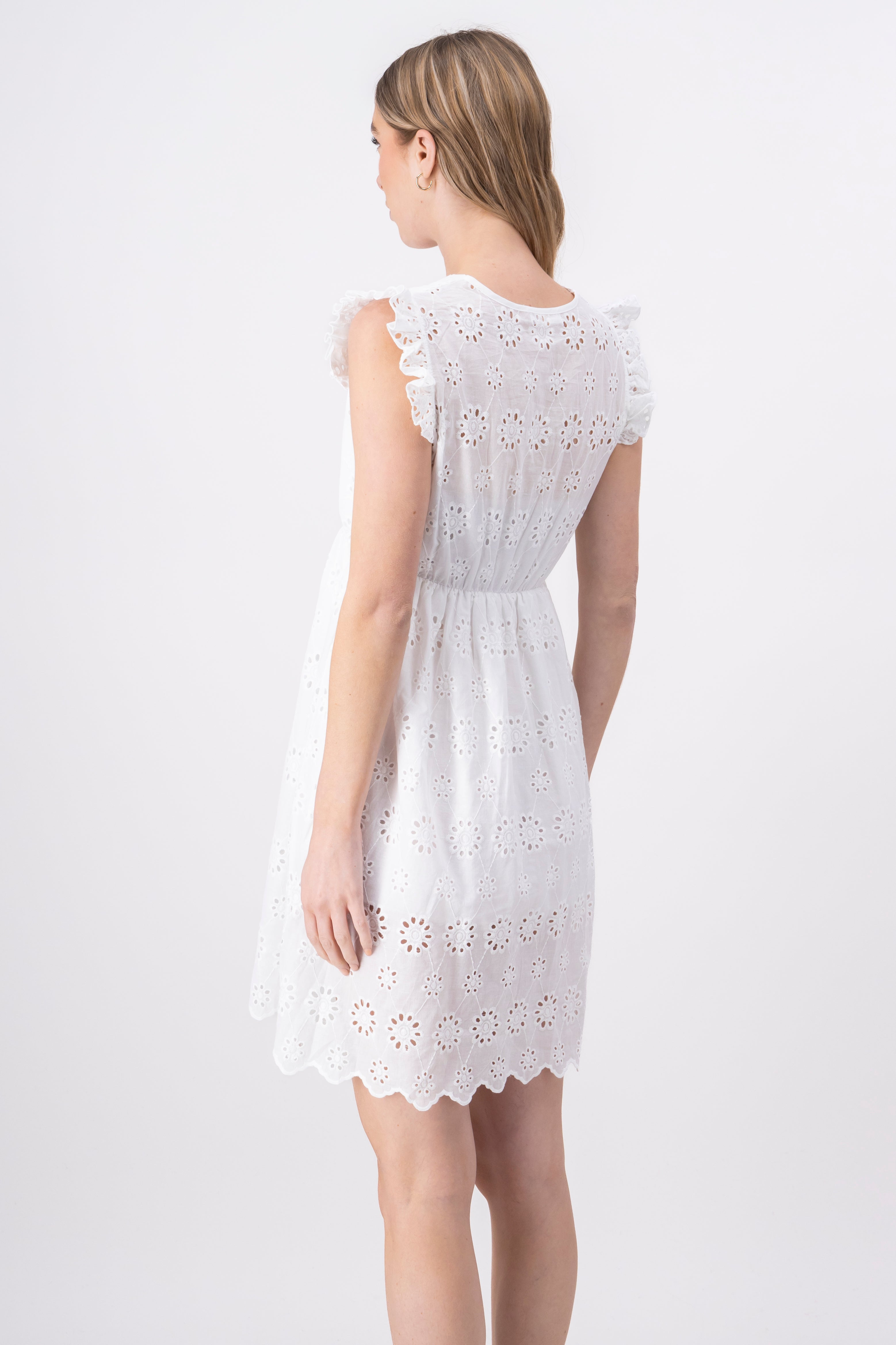 Vestido mini eyelet manga corta BLANCO