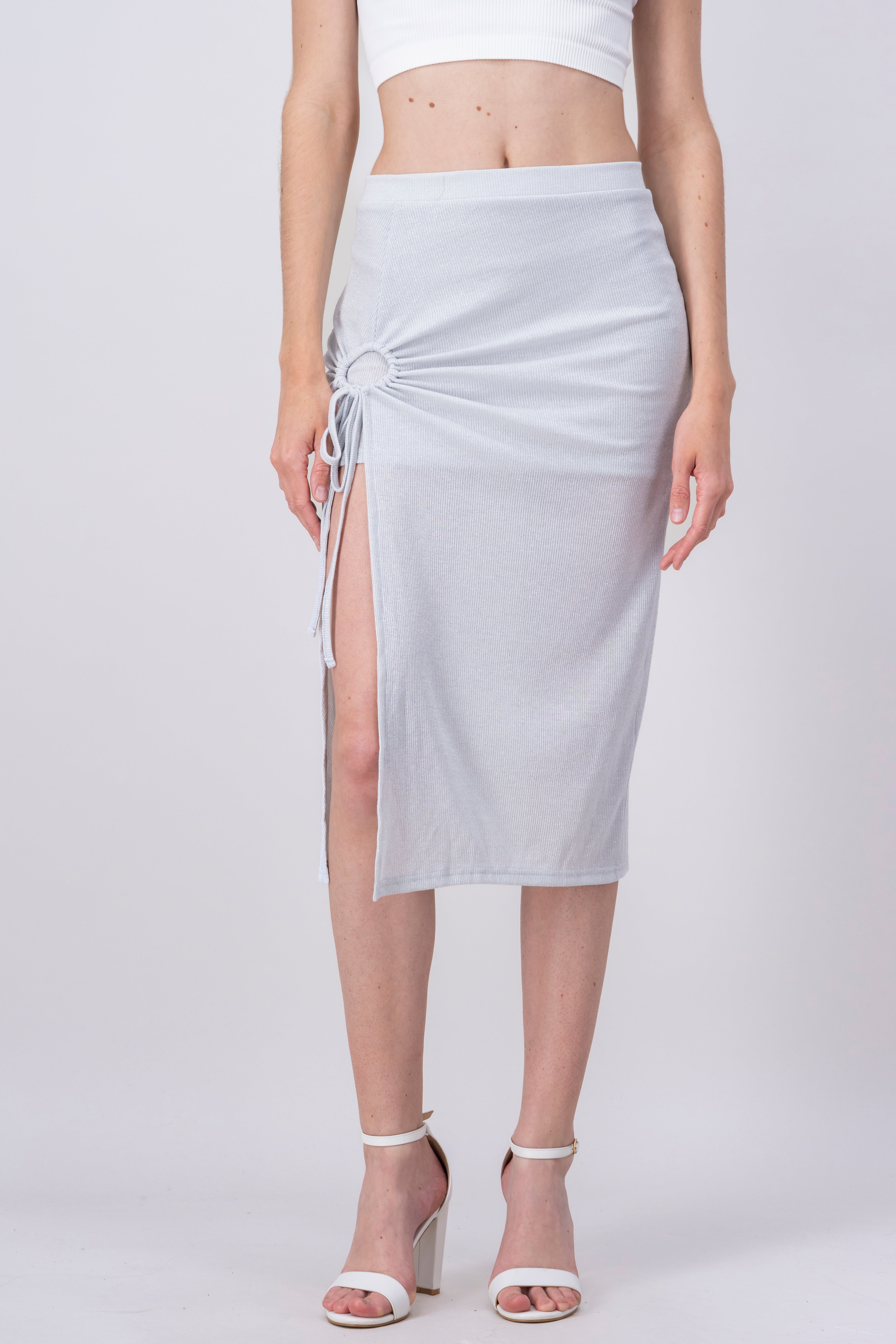 Falda midi abertura jaretas brillos PLATA