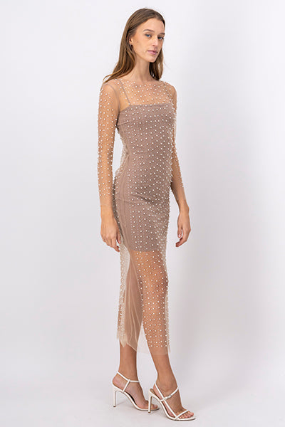 Vestido Mesh Perlas NUDE