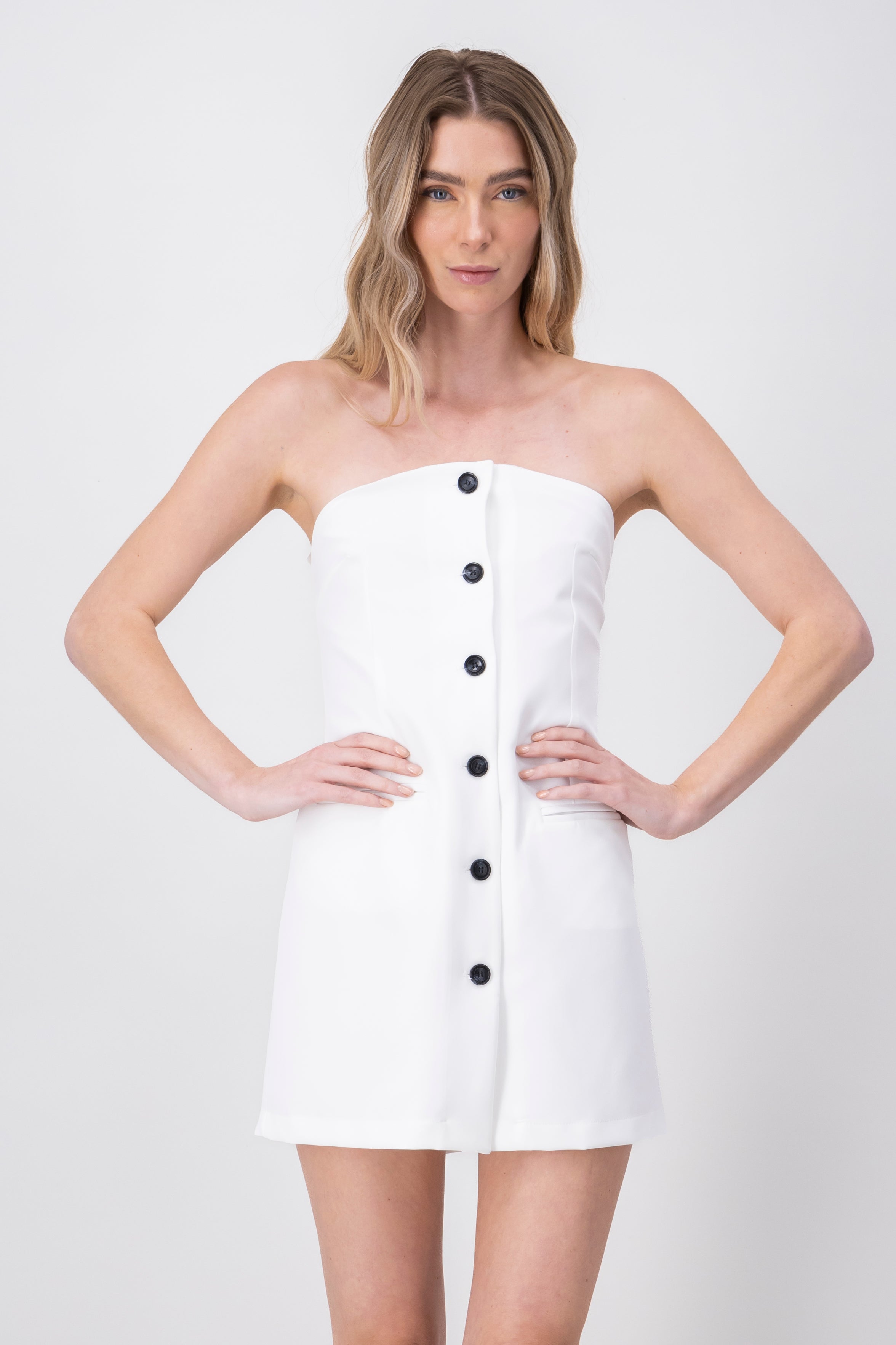 Vestido mini strapless botones BLANCO COMBO