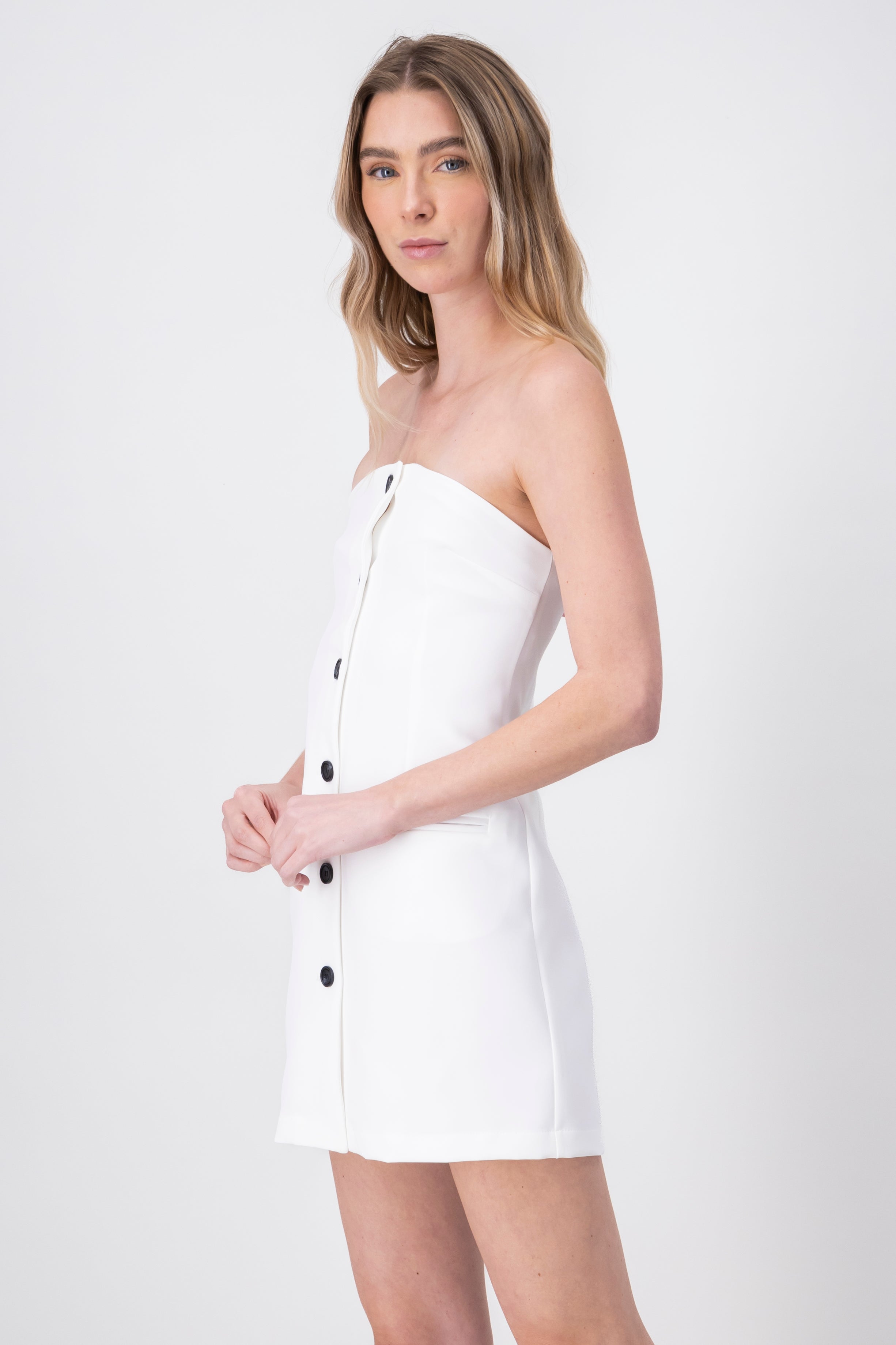 Vestido mini strapless botones BLANCO COMBO