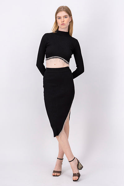 MIDI skirt opening fringes BLACK