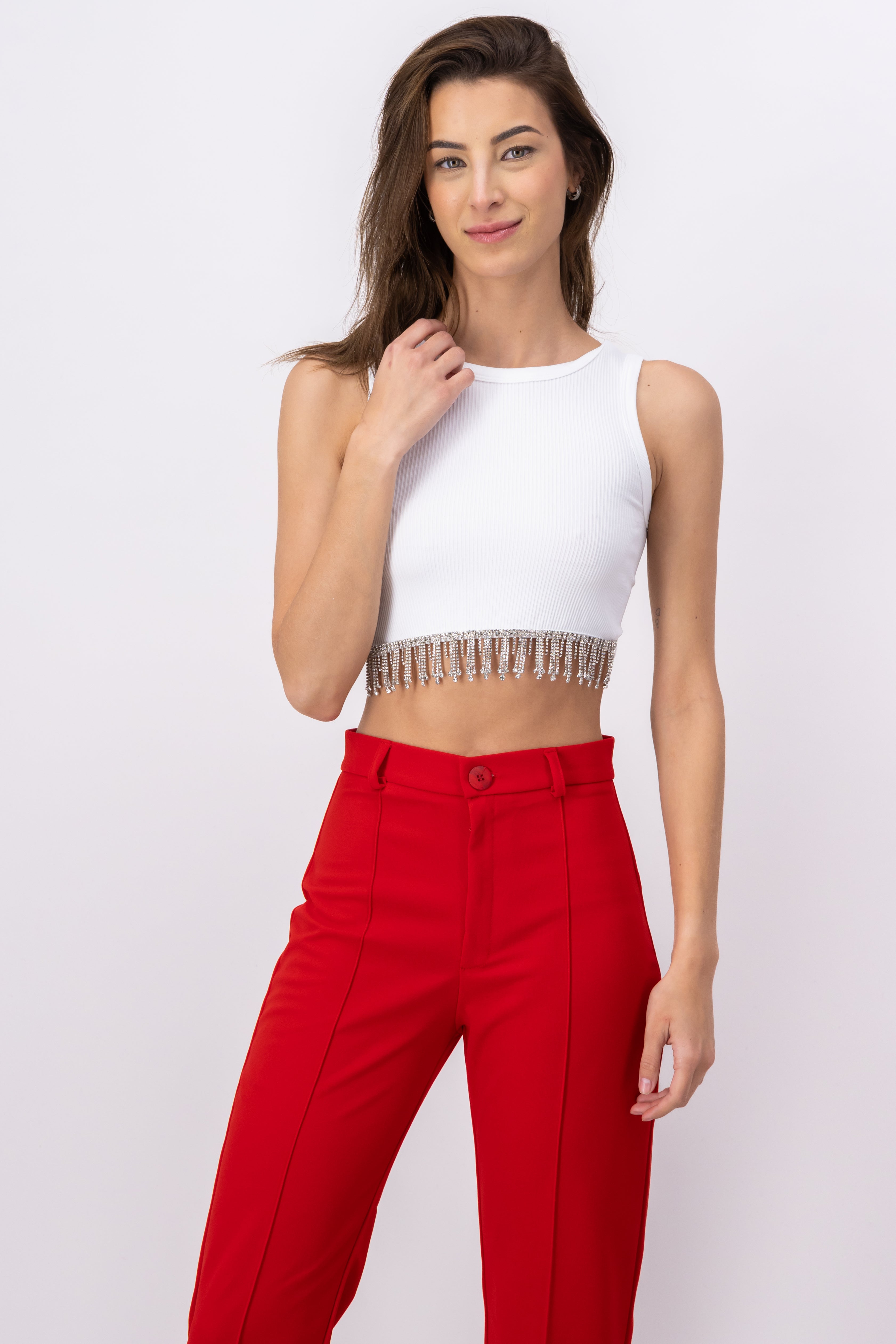 Top con detalle de brillos liso BLANCO