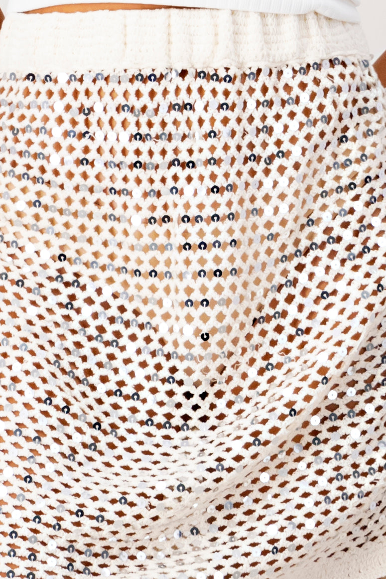 Falda tejido crochet con lentejuela CREMA