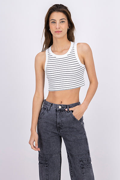 Top Crop Rayas Acanalado HUESO COMBO