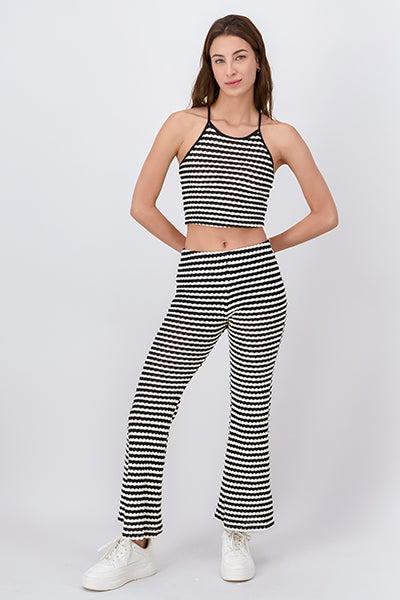 Flare string pants striped White black