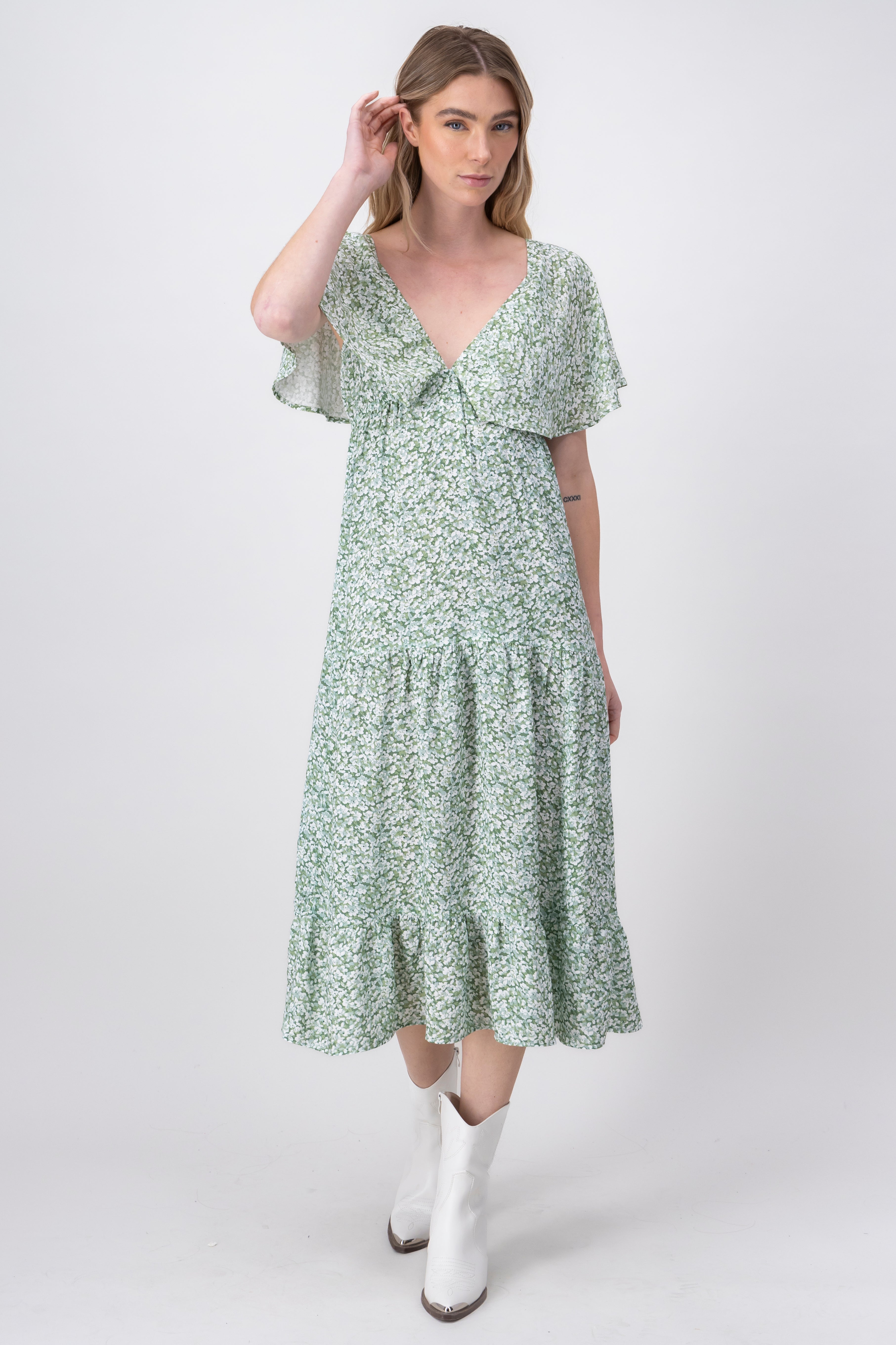 Vestido midi manga corta estampado VERDE COMBO