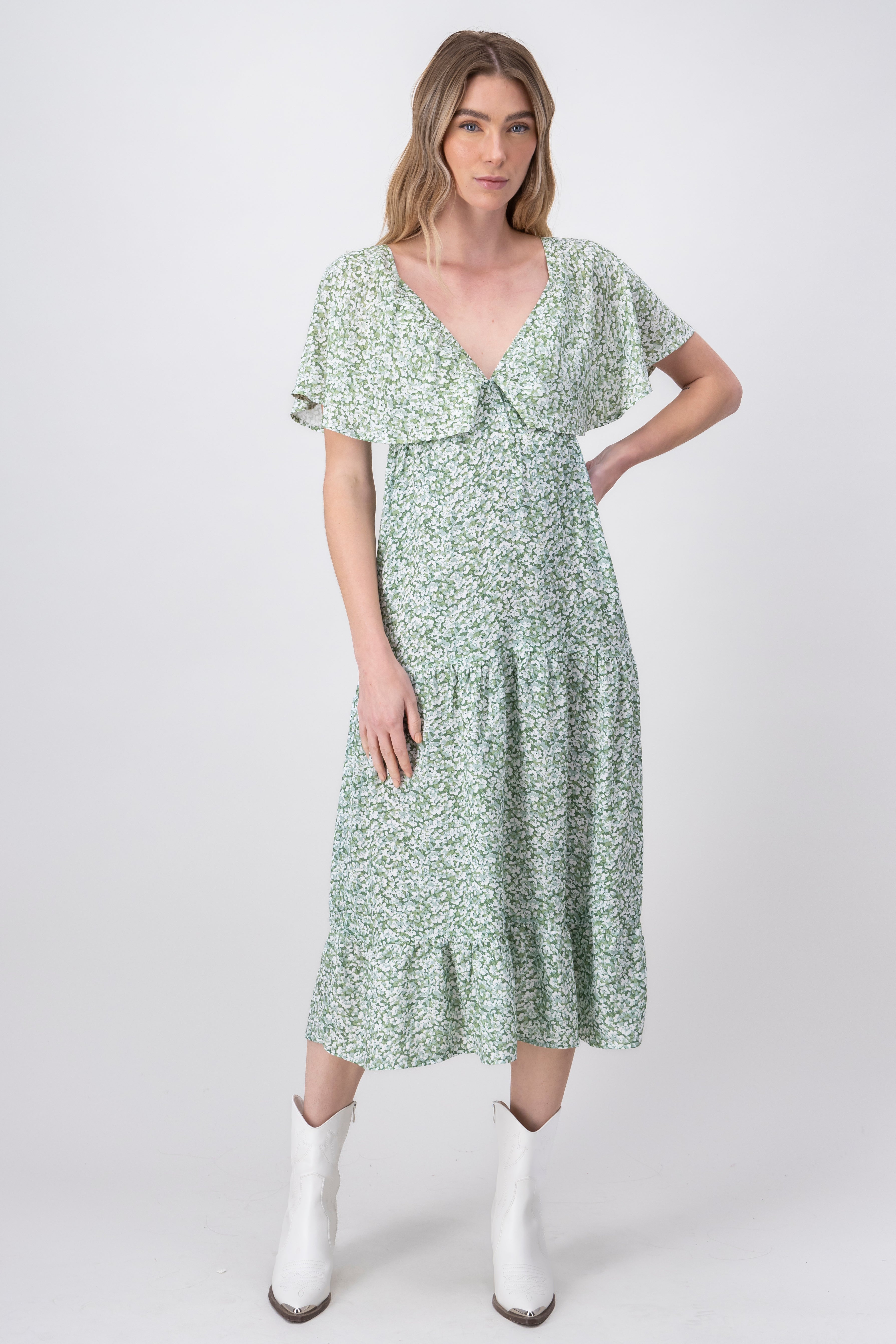 Vestido midi manga corta estampado VERDE COMBO