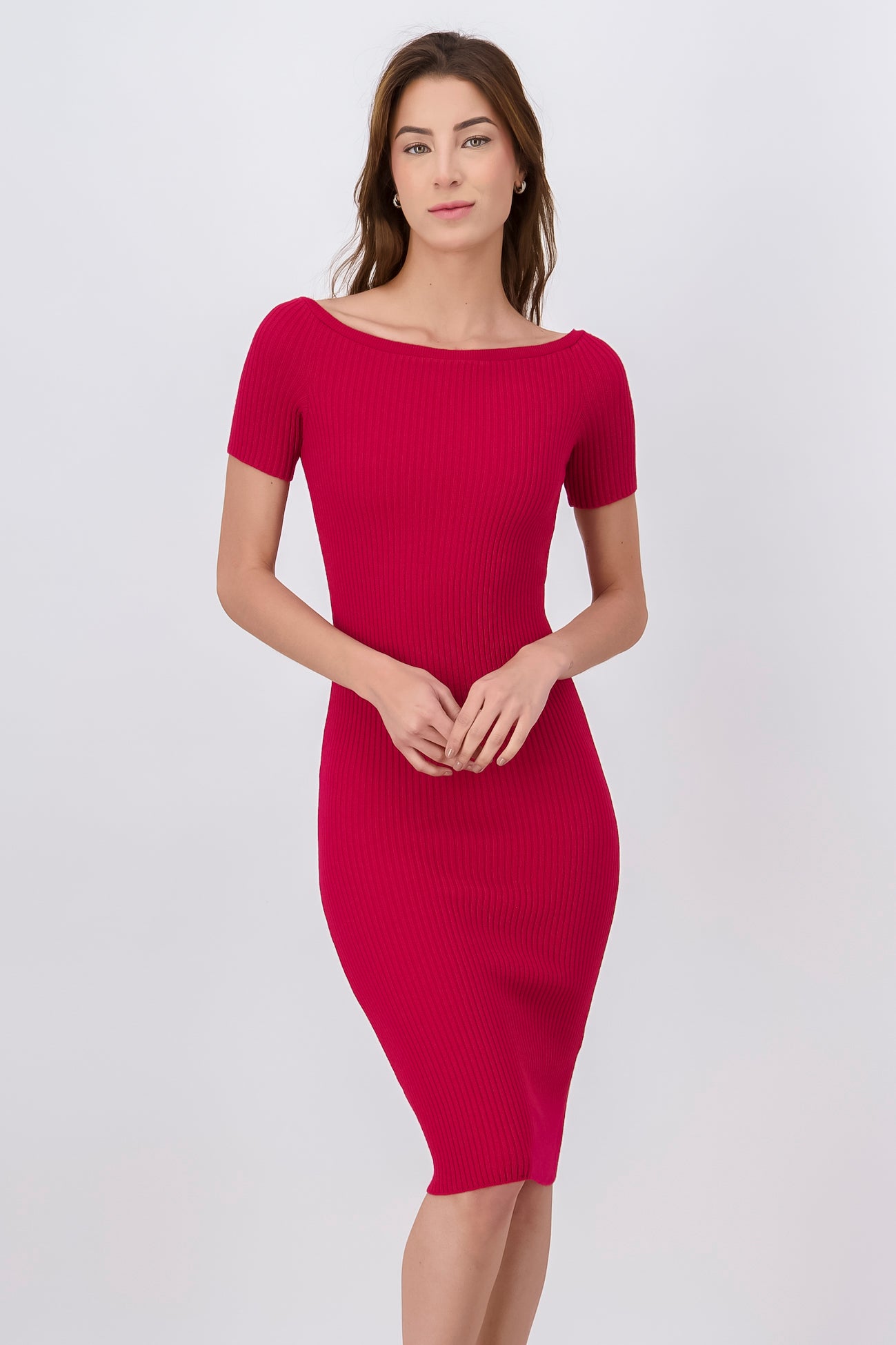 Short -sleeved midi fabric dress RED