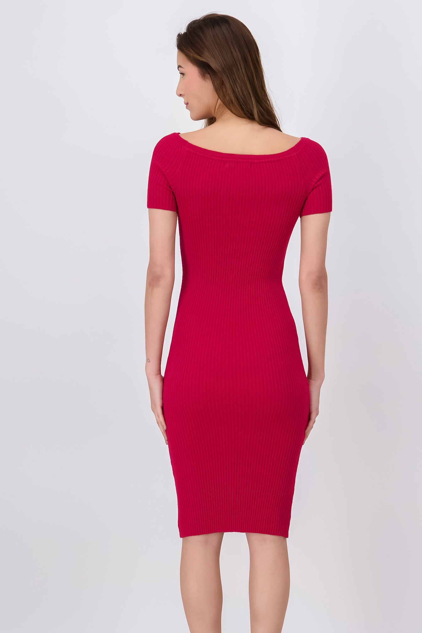 Short -sleeved midi fabric dress RED