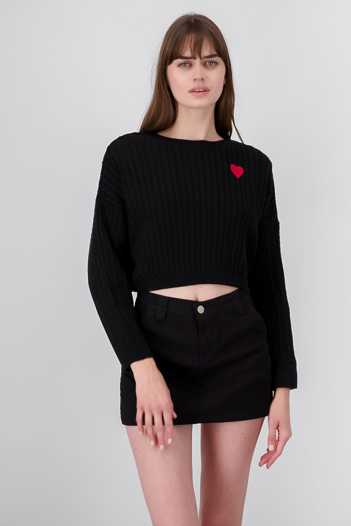 Braided sweater embroidery heart BLACK