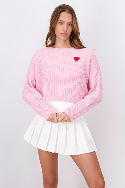 Braided sweater embroidery heart Pastel pink