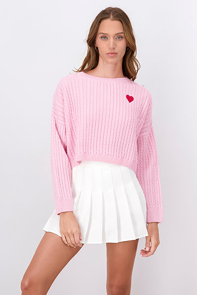 Braided sweater embroidery heart Pastel pink