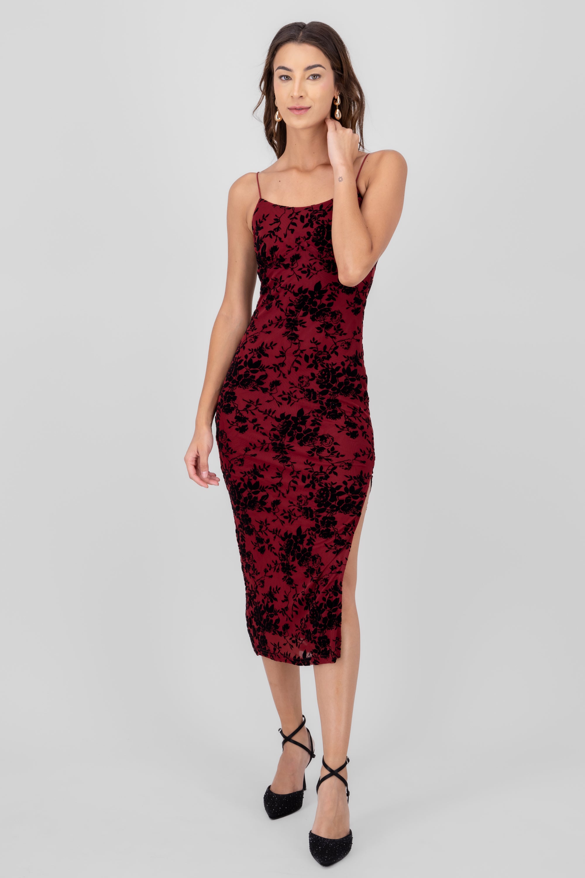 MIDI MESSH FLOCK FLORES DRESS Cherry red