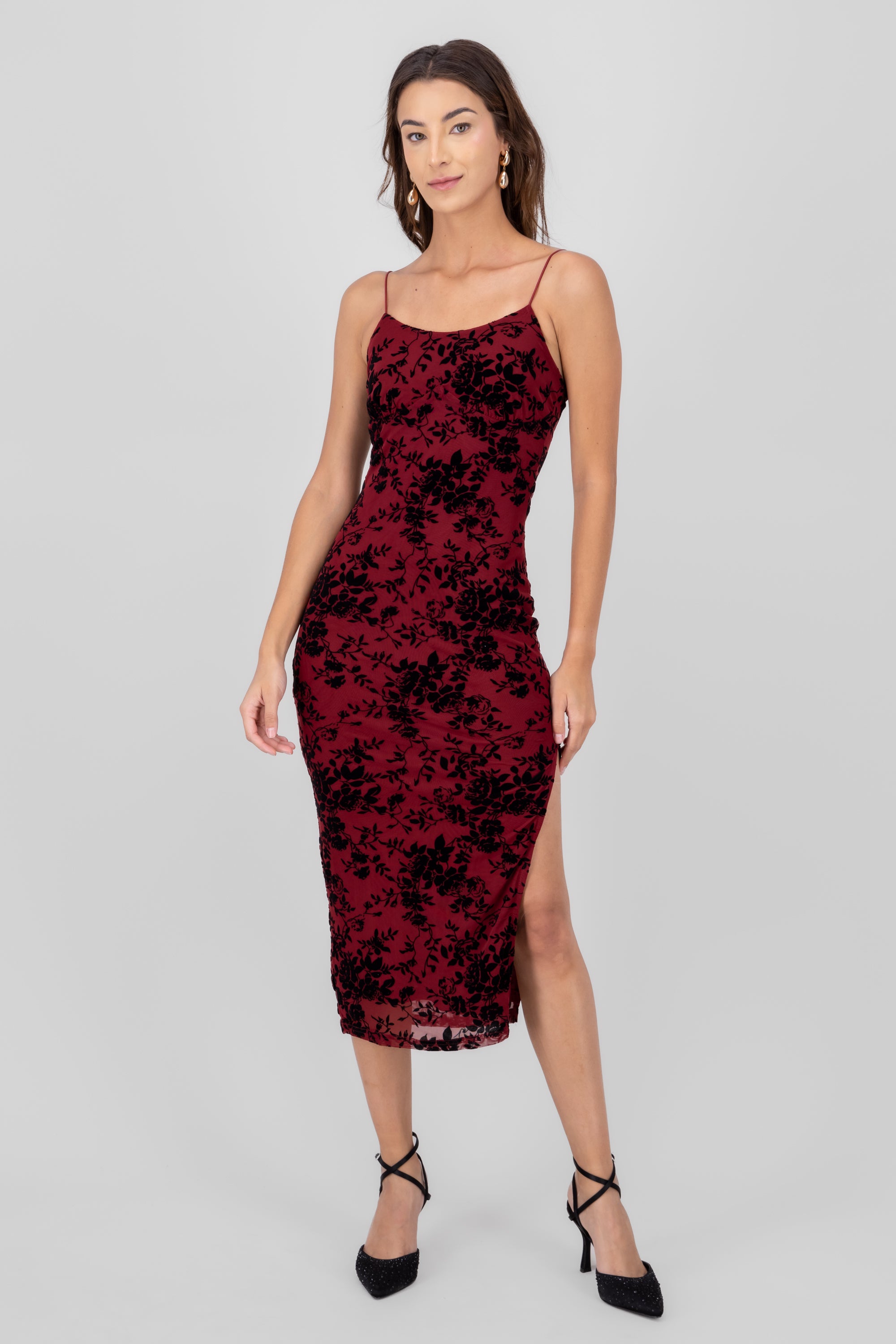 MIDI MESSH FLOCK FLORES DRESS Cherry red