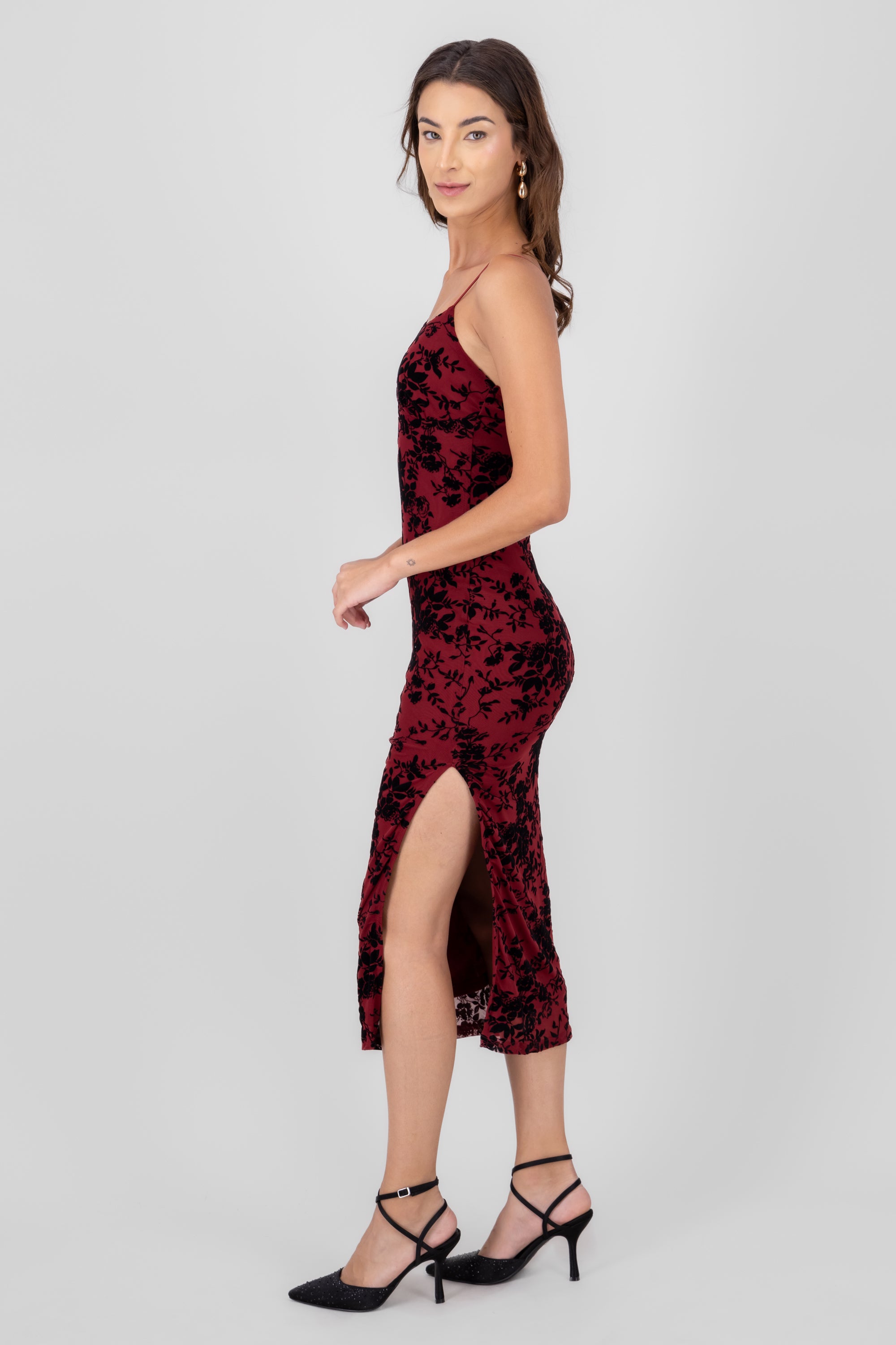 MIDI MESSH FLOCK FLORES DRESS Cherry red