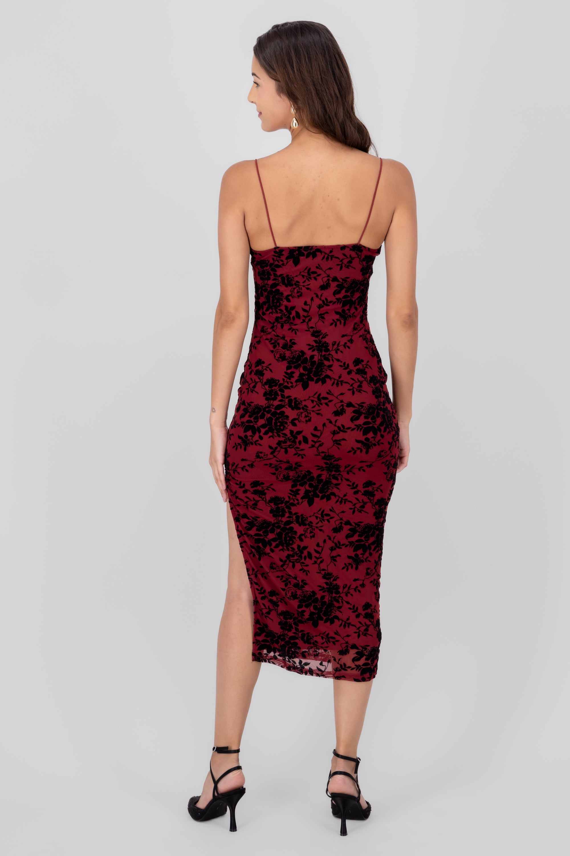 MIDI MESSH FLOCK FLORES DRESS Cherry red