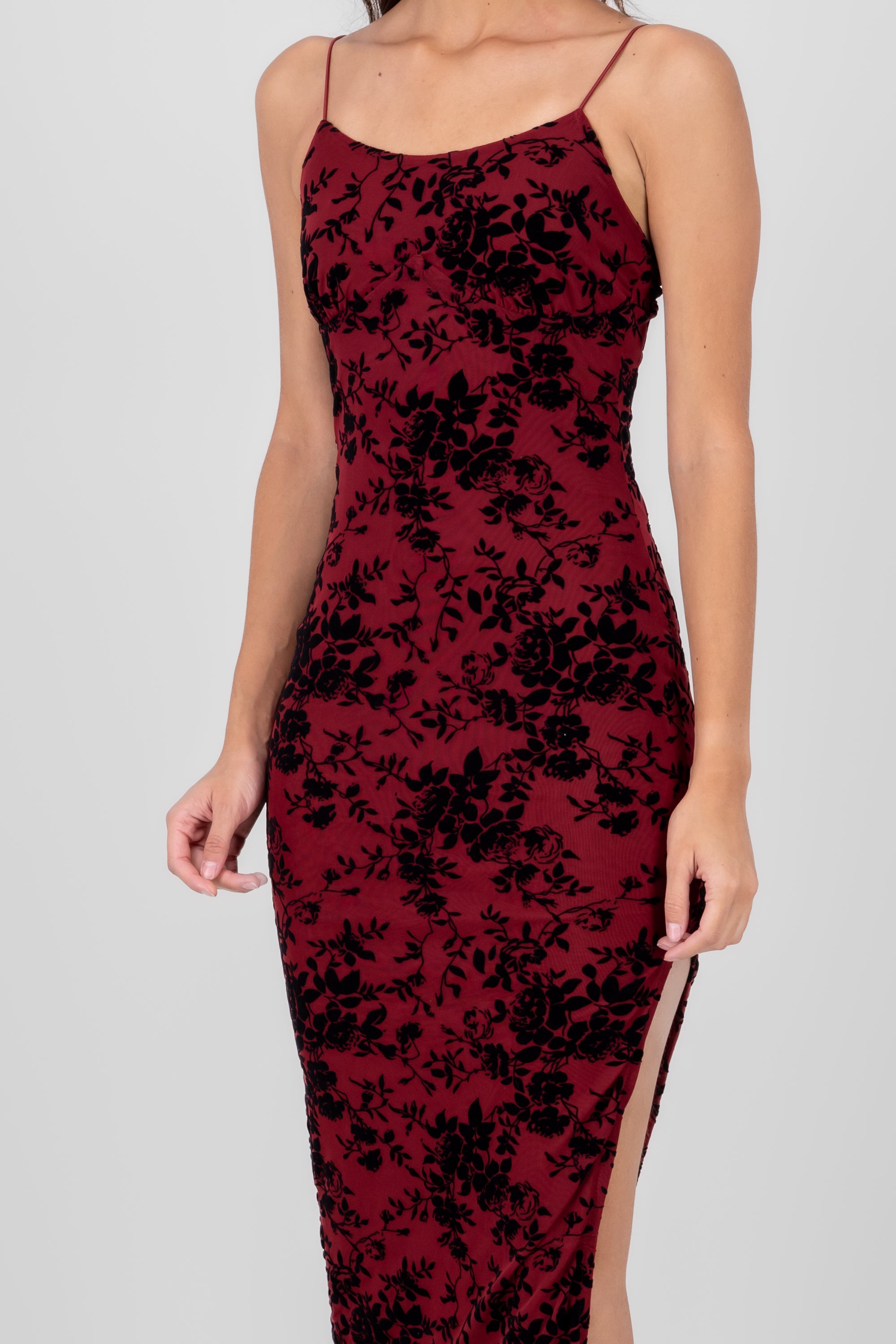 MIDI MESSH FLOCK FLORES DRESS Cherry red