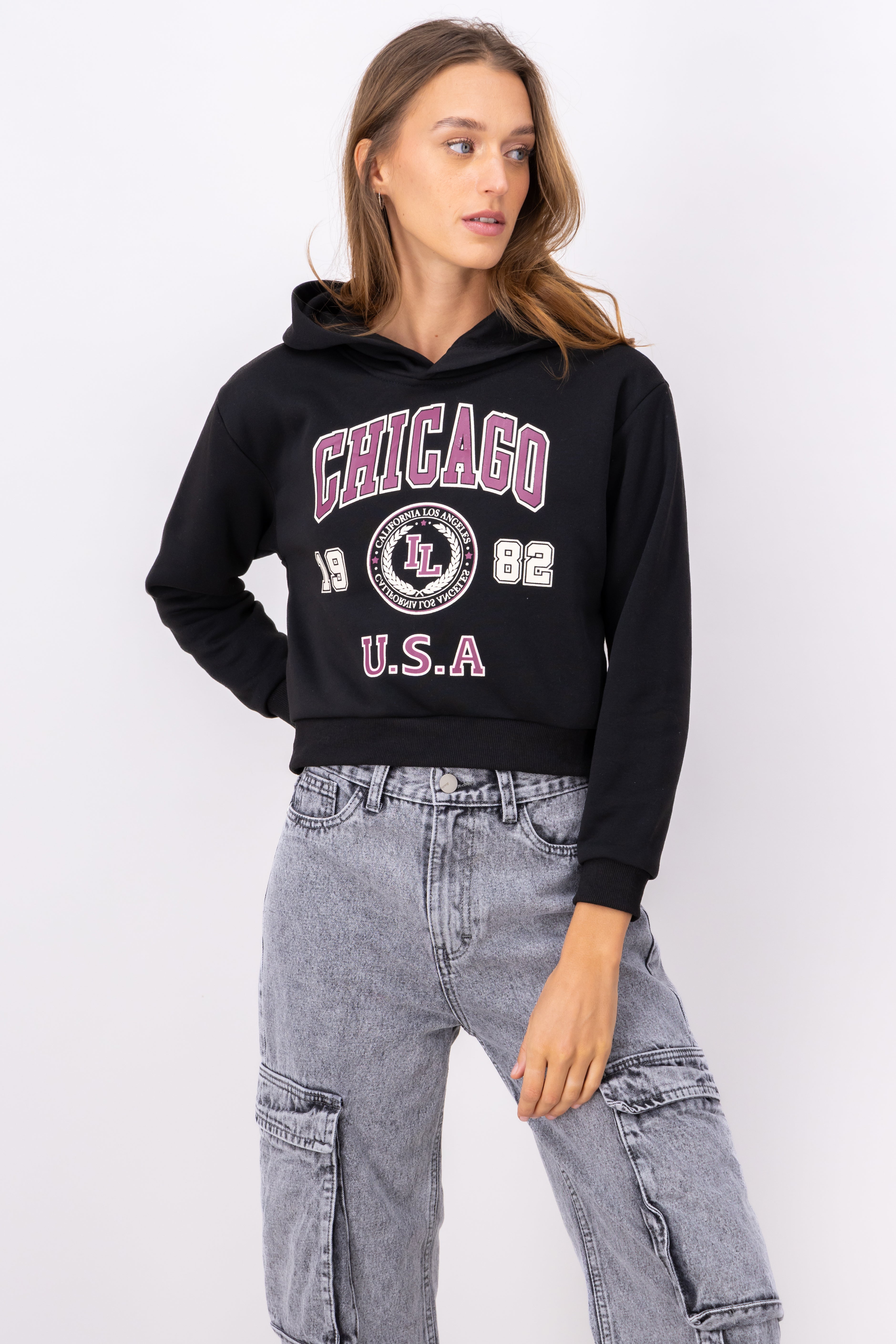 Chicago Print Crop Sweatshirt BLACK