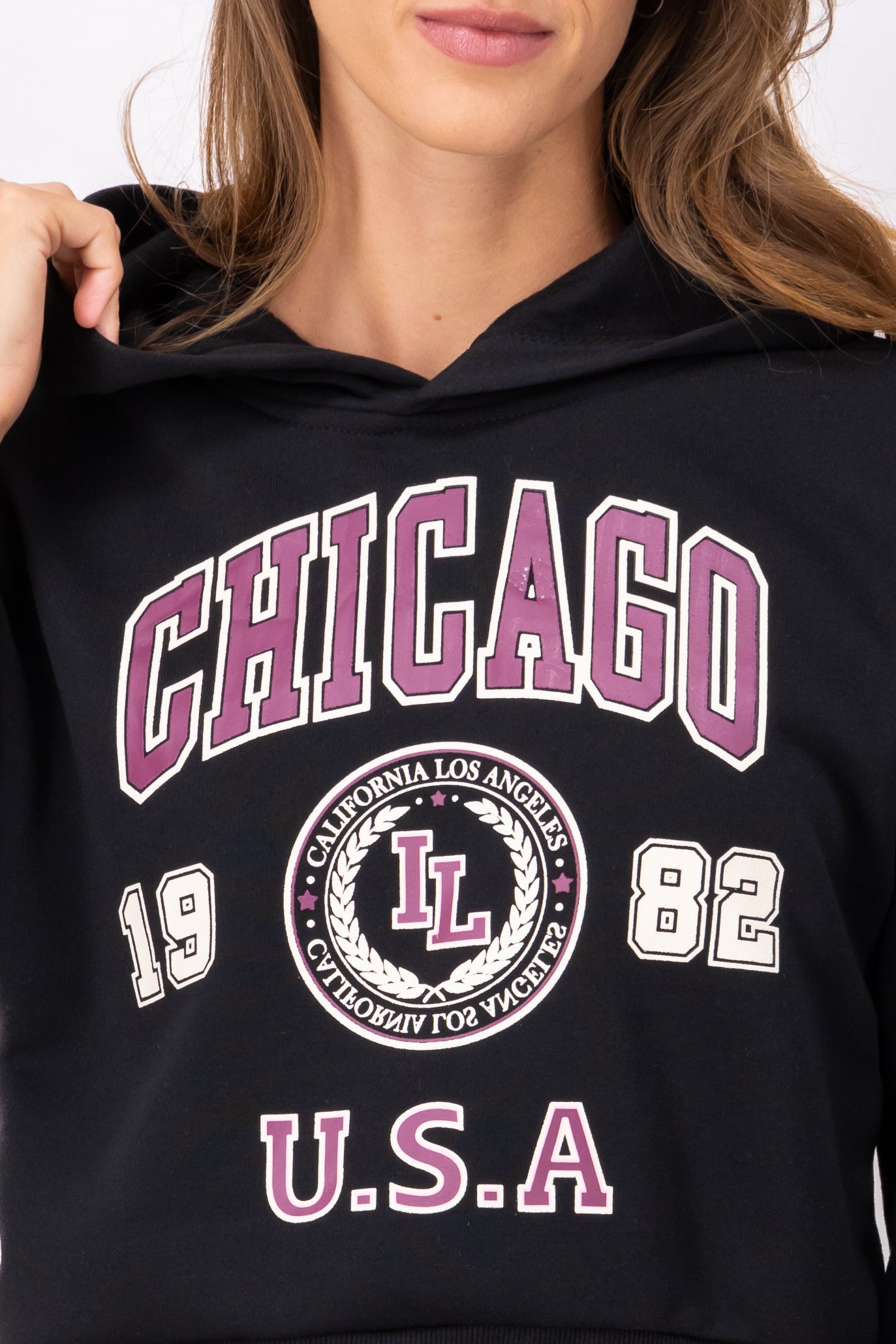 Chicago Print Crop Sweatshirt BLACK