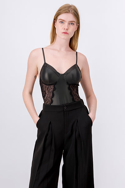 Bodysuit leather effect lace BLACK