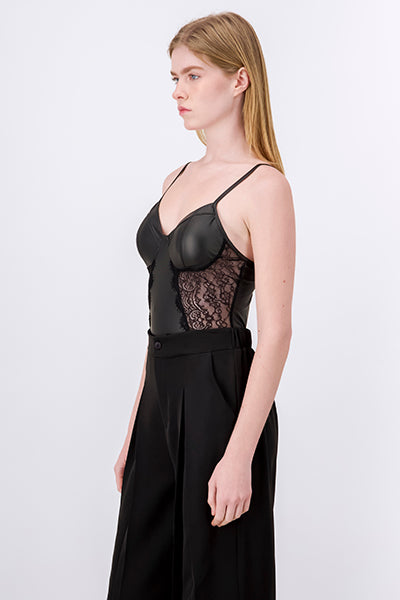 Bodysuit leather effect lace BLACK