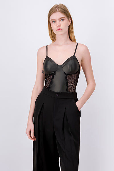 Bodysuit leather effect lace BLACK