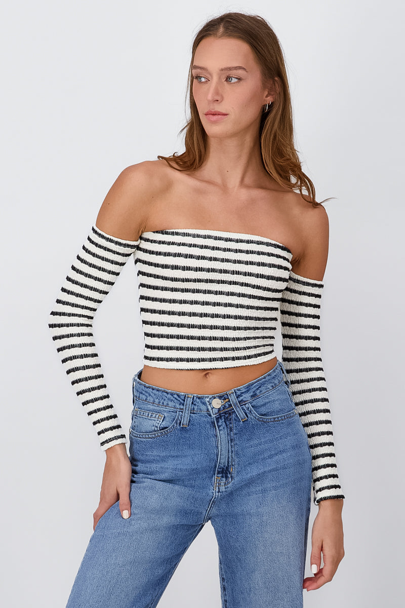 Top sin hombros rayas manga larga BLANCO COMBO