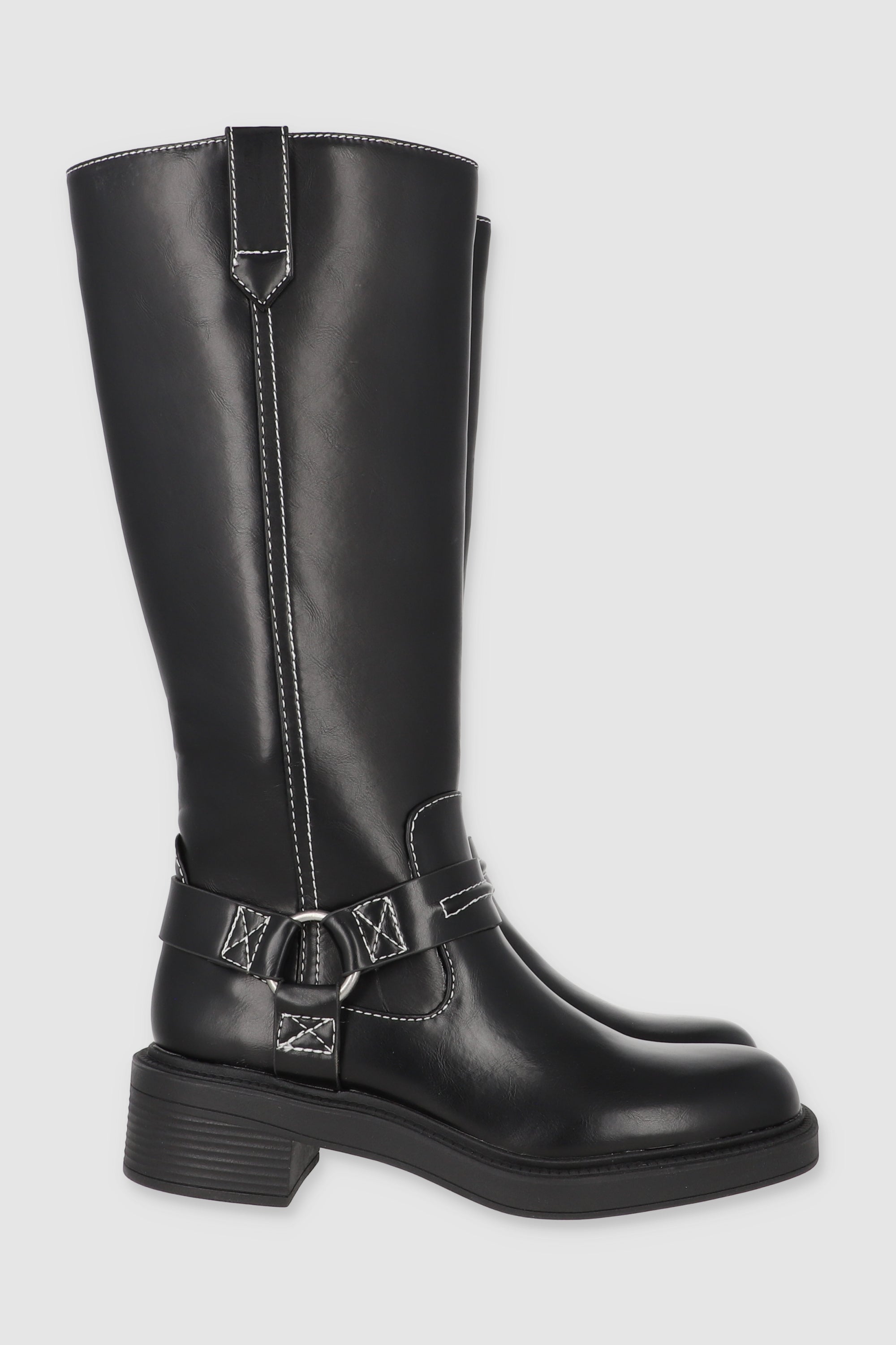 Bota biker costura contraste tiras hebilla aro NEGRO