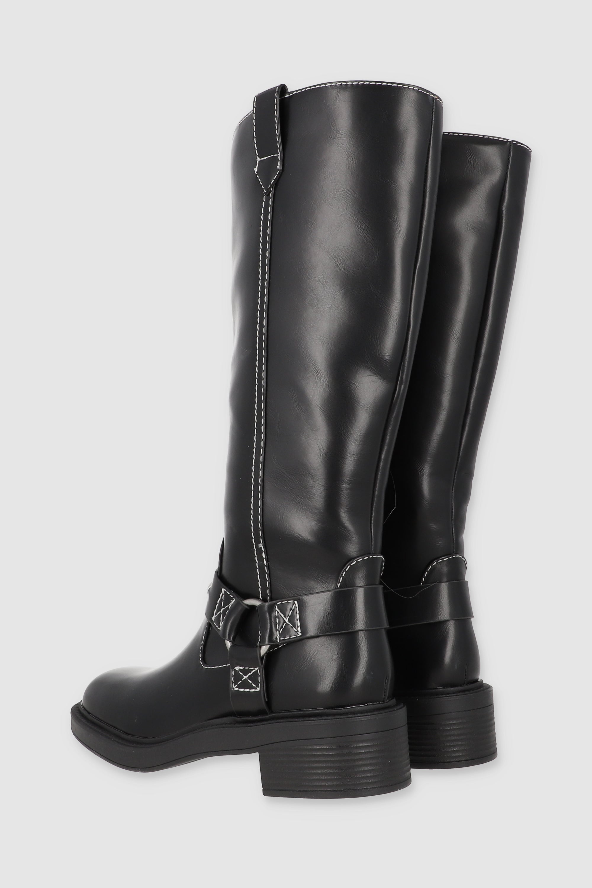 Bota biker costura contraste tiras hebilla aro NEGRO